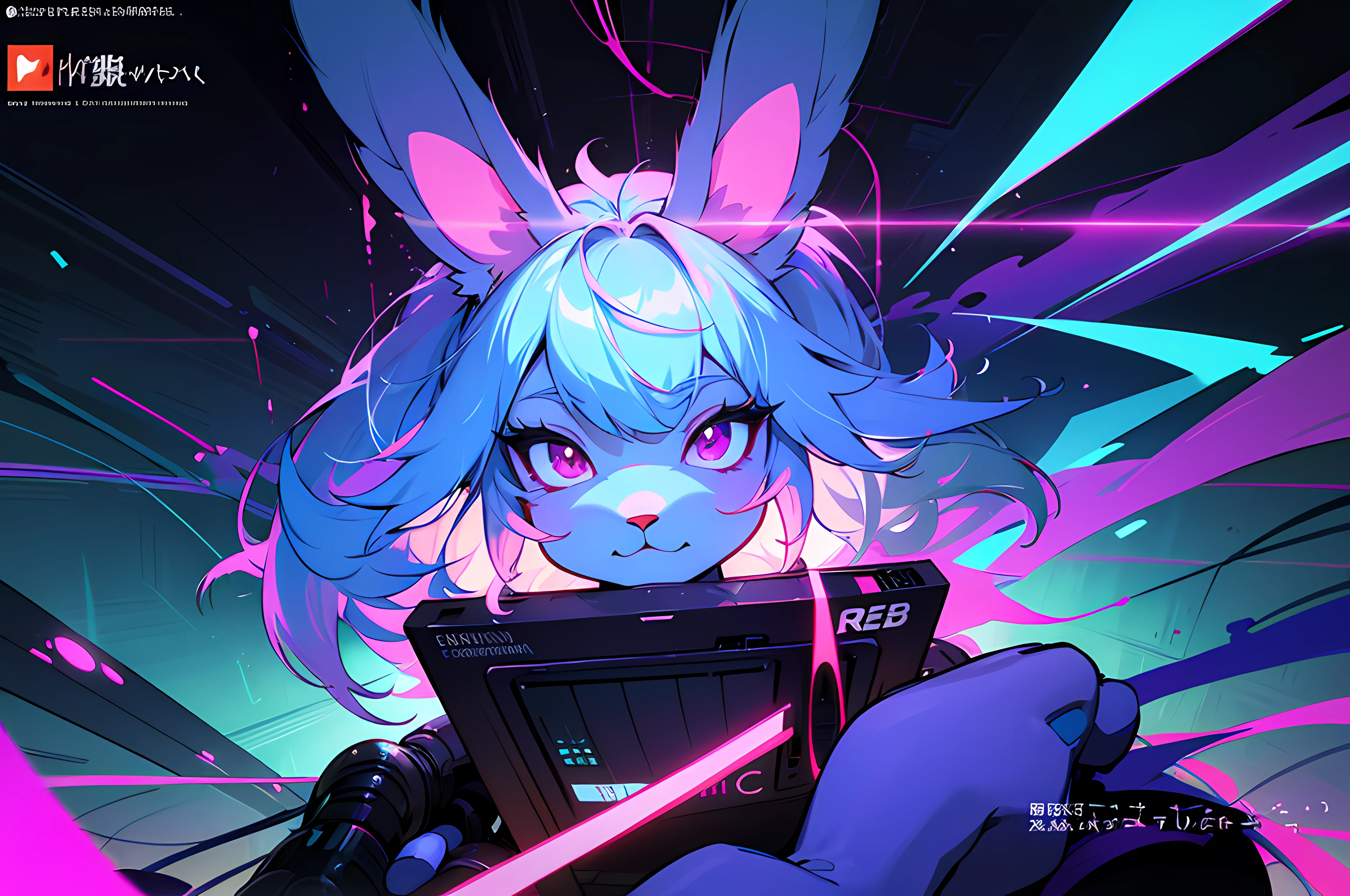 (blame! style abandoned tech landscape), (Zen, Amy Sol style), (((Lofi anthro kemono blue-furred rabbit girl writing at desk, beats to relax/study to))), ((blue kemono beastars furry rabbit anime hacker)), (((suspended glass cyberpunk computer terminals in background)))((glowing cyberdeck screens)), (underground, dark, foggy, perilous, abandoned dystopian apartment bedroom, deep windows), (abstract anthro rabbit figure wearing bunny ears), cover art with light abstraction, abstract, simple vector art, contemporary Cybernetic art, color gradients, soft color palettes, layered forms, whimsical animation, style Ethereal abstract, 4K, --v6