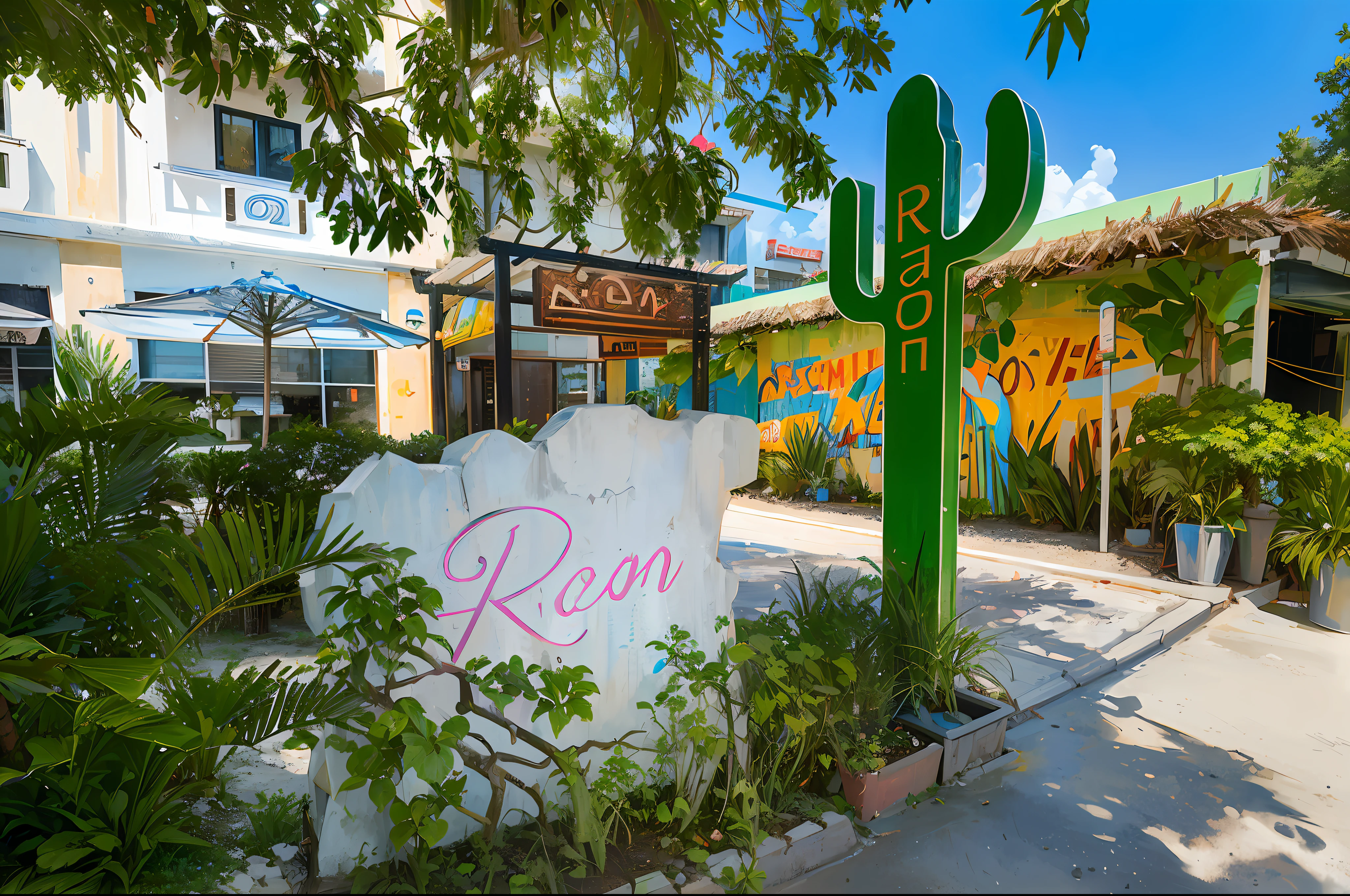 there is a sign that says dream next to a cactus, resort, rum, near the beach, 3 4 5 3 1, restaurant exterior photography, by RAON Hotel, neon signs in background, rich detail, exterior shot, rain lit, neon, lagoon, tourist destination, thumbnail, with neon signs, ruan jia and brom, by RAON Hotel