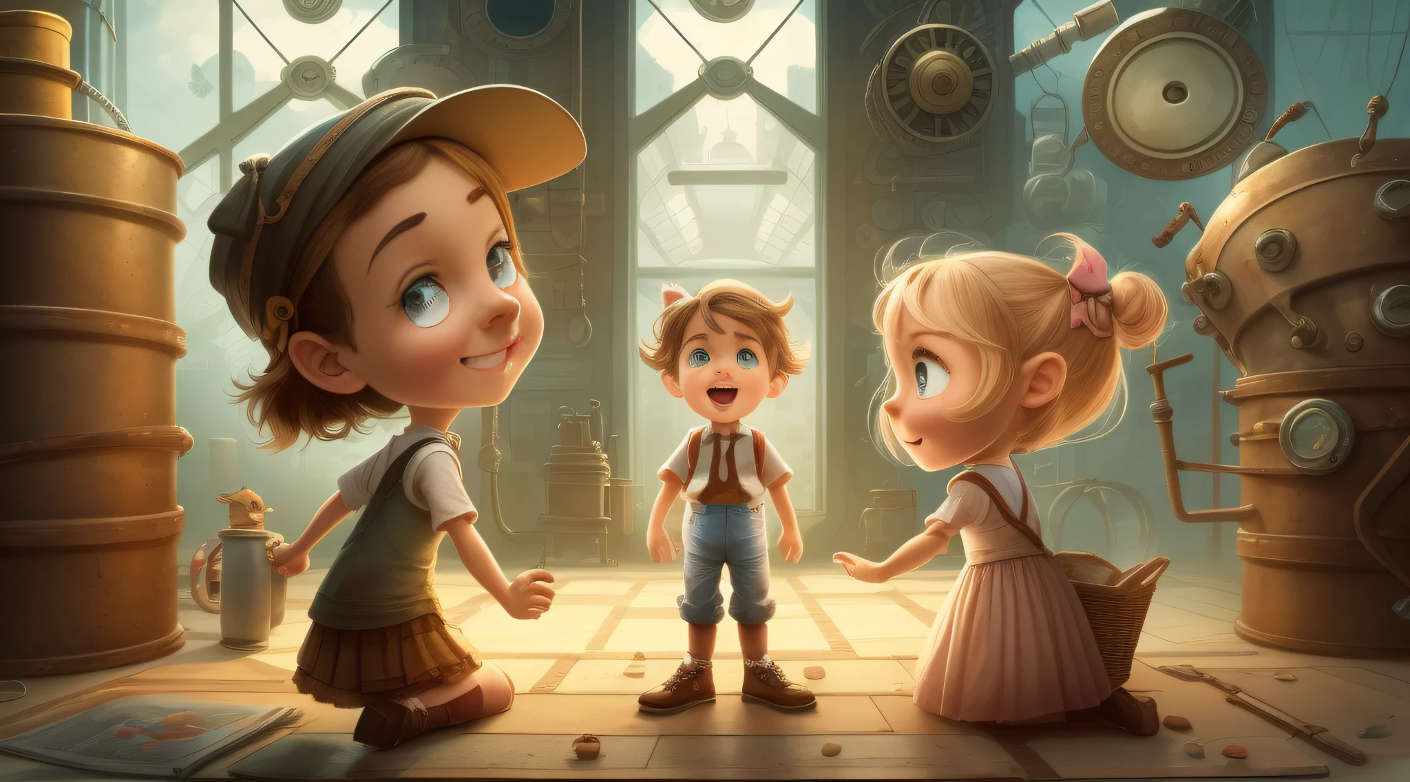 At the heart of the factory, there was the lively crew formed by Alice, the curious one; Ben, the inventor; Clara, the storyteller; and Dylan, the playful one. Together, they formed the perfect team to create fantastic adventures