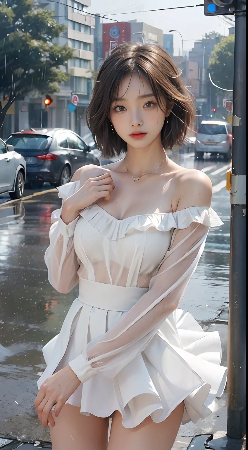 ((best qualtiy, 8K, tmasterpiece:1.3)), Focus:1.2,half-body photo,upper legs,Ultra-realistic skin texture,perfect figure beautiful woman:1.4, Cocked buttocks:1.2, ((Cut hair in layers, Normal chest:1.2)), , (rain, street:1.3), Bandeau dress:1.1, Highly detailed facial and skin texture, A detailed eye, 二重まぶた,Whiten skin,long whitr hair,(with a round face:1.5),Superskirt,Raised sexy,Get wet