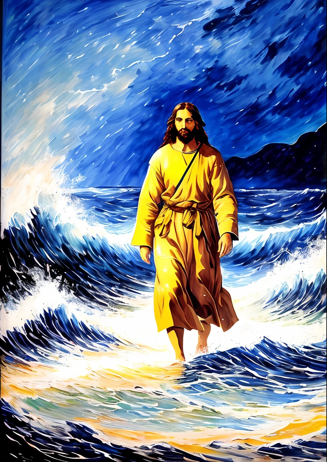 Jesus walking on water in a storm, Smooth expression, streaks of light descending from the sky, obra-prima, alta qualidade, alta qualidade, altamente detalhado CG, pintura acrilica, pintura premiadas, Pintor Vicent van Gogh, profundidade de campo, Pintura acrilica com a marca de pinceladas do artista, realista, muito detalhado, Pintura de acrilica premida pelo seus detalhes e expessividade, trend in CGSociety, complexo, alto detalhe, dramatic, arte no meio da jornada, volumeric lighting