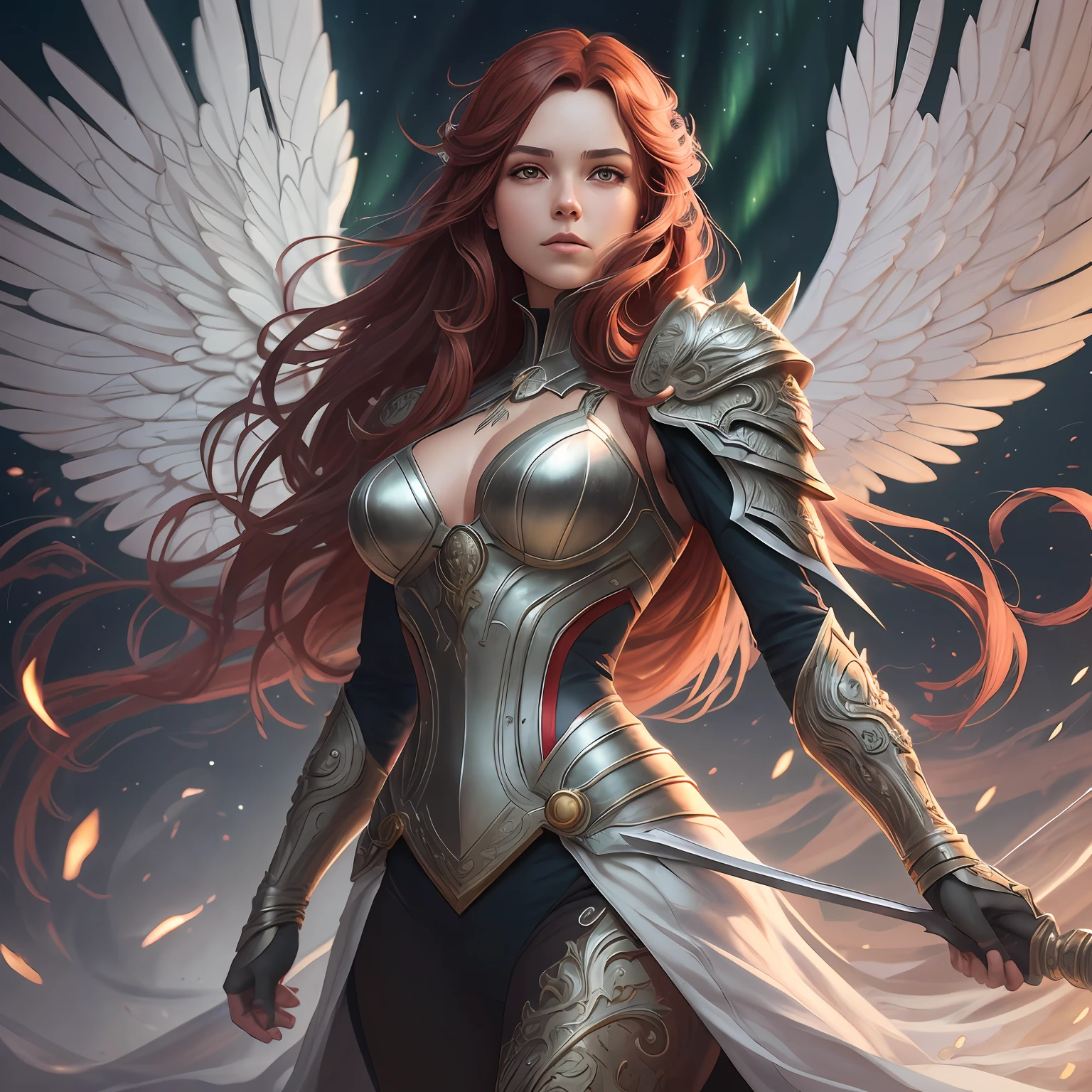 (atmosphere with light and a tree behind)+ 8k aurora portrait, girl with super long hair, super long very light red hair, in battle clothes, with giant silver wings on the back, intricate, highly detailed, digital painting, smooth, sharp focus, illustration, unreal engine 5, 8 k, art by Artgerm and Greg Rutkowski and Alphonse Mucha