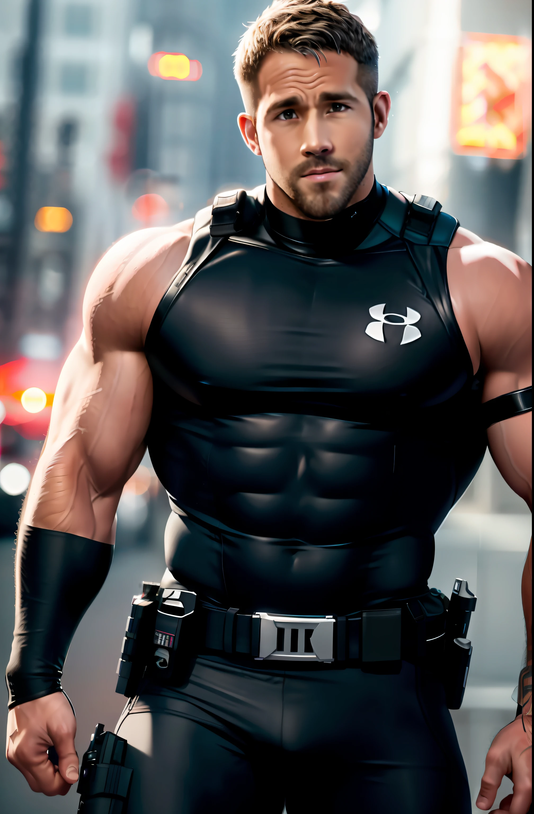 Ryan.Reynolds，Ryan Reynolds，full bodyesbian，Ride a black motorcycle on the streets of Doomsday，The expression is serious，Wearing a dark gray Under Armour tight muscle compression vest，On the shoulder there are special forces tactical shoulder straps，There are large black tattoos on the shoulders，Emits heat，（closeup cleavage：1.0），（sface focus：1.0），short detailed hair，Black fitness gloves，1 man ，28 year old，male people，musculous，chest muscle，biceps，deltoids，The legs are muscular，Facial hair，Expression of anger，Black skinny fitness compression pants，Leg hair，White Nike sport socks，Wearing tactical black military boots，There are large black tattoos on the upper body，flesh wound，Chest hair，The details of the clothing are clear，looking at viewert，（Keep one's mouth shut：1.0），NSFW，offcial art，Very detailed CG unity 8k wallpaper，perfect litthing，extremely colorful，Bright_Front_face_Lighting，（tmasterpiece：1.0），（best qualtiy：1.0），超A high resolution,4K,ultra - detailed,photography of,8K,HDR,A high resolution,absurderes:1.2,Kodak Portra 400,filmgrain,blur backgroun,Background bokeh:1.2,lens flare glow,(vibrant_color:1.2)