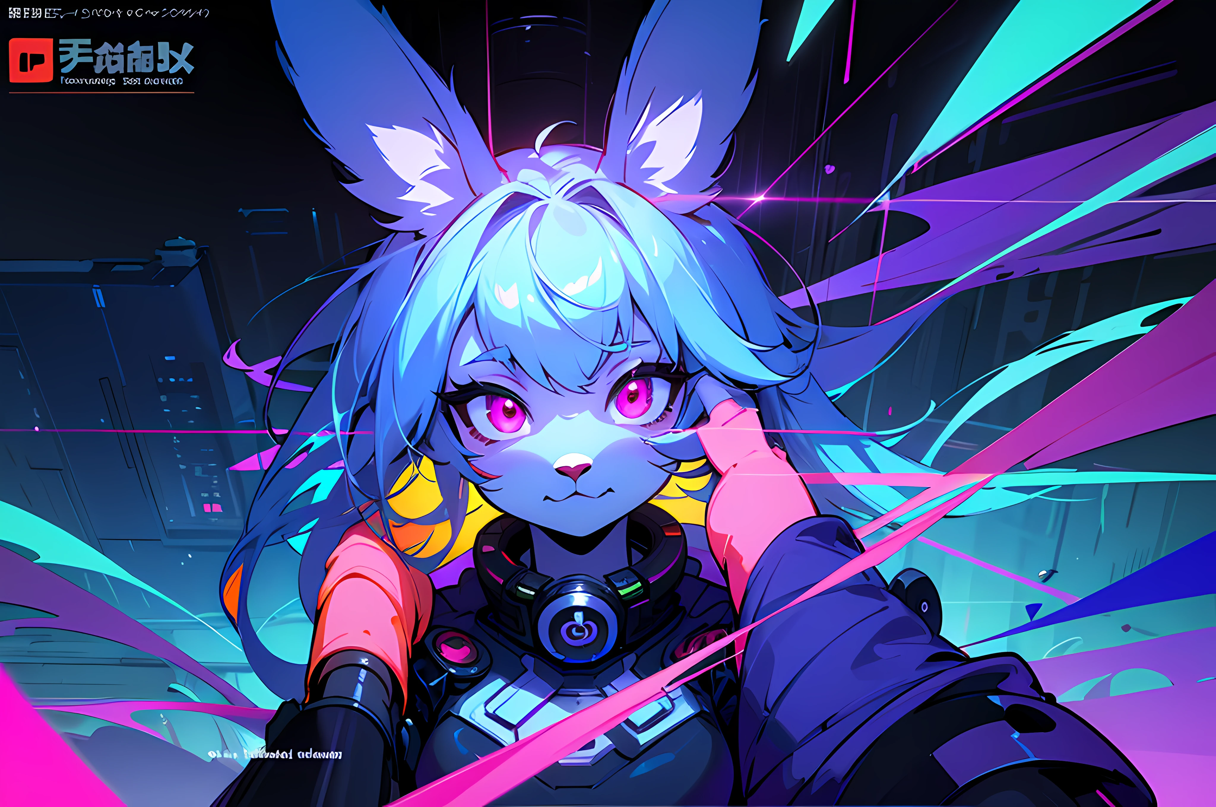 (blame! style abandoned tech landscape), (Zen, Amy Sol style), (((Lofi anthro kemono blue-furred rabbit girl writing at desk, beats to relax/study to))), ((blue kemono beastars furry rabbit anime hacker)), (((suspended glass cyberpunk computer terminals in background)))((glowing cyberdeck screens)), (underground, dark, foggy, perilous, abandoned dystopian apartment bedroom, deep windows), (abstract anthro rabbit figure wearing bunny ears), cover art with light abstraction, abstract, simple vector art, contemporary Cybernetic art, color gradients, soft color palettes, layered forms, whimsical animation, style Ethereal abstract, 4K, --v6