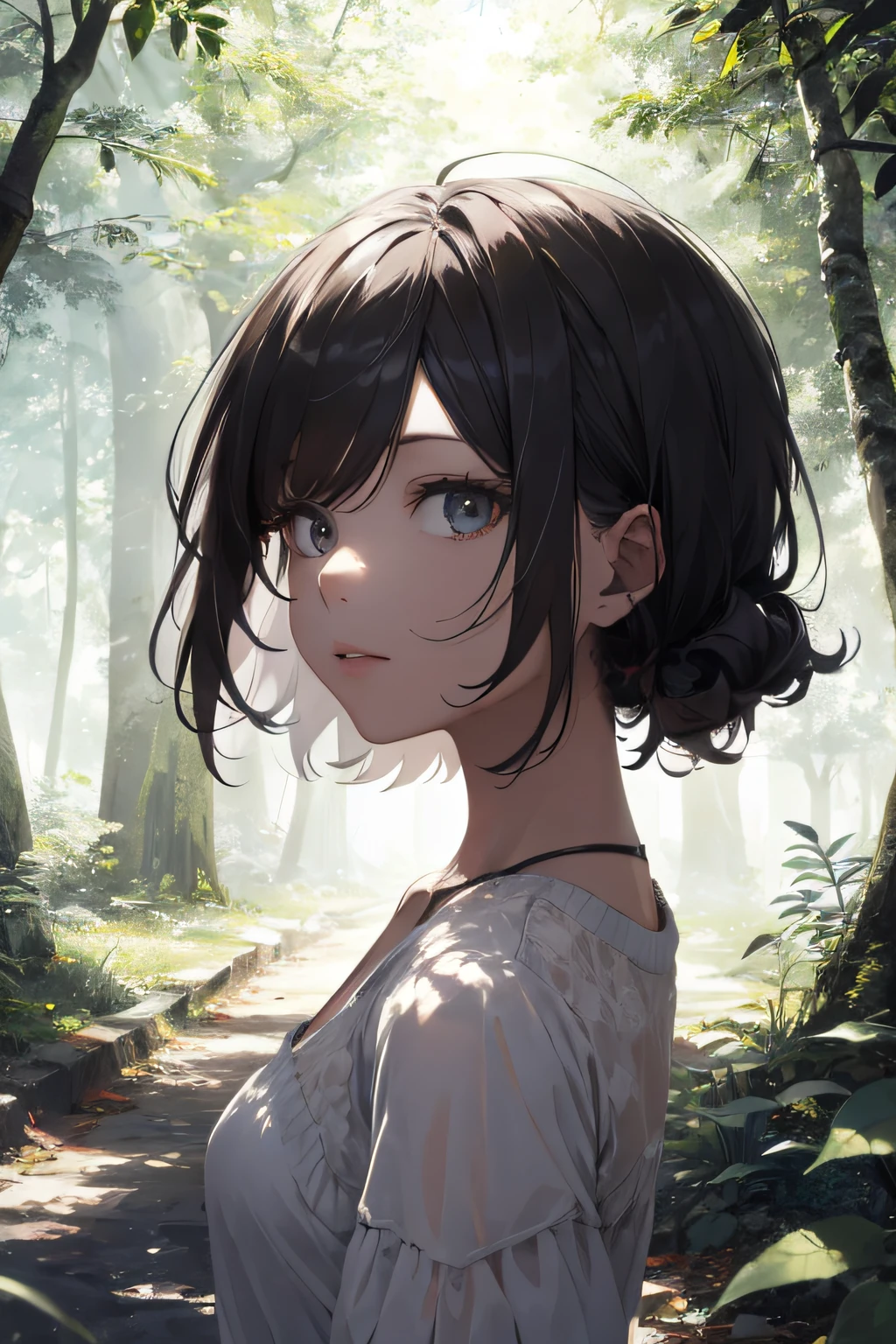 absurd, highres, ultra detailed, (on human:1.3), BREAK , of a girl, Create an image using a prism effect, refracting light and creating a colorful, kaleidoscopic look. BREAK , Create an image with a fisheye lens effect, capturing a wide field of view with a distinct, curved perspective. BREAK , Capture a forest path, with tall trees, dappled sunlight, and a sense of tranquility and natural beauty. BREAK , Illustrate a monochrome world, using only shades of black, white and gray to convey depth, emotion and stunning visual impact.