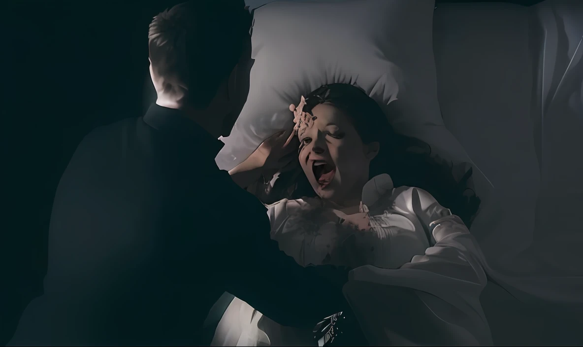 A woman in a white dress is lying in bed with a man, horror dramatic moment, filme ainda de um filme de terror, an evil catholic priest, ainda de filme de terror, filme ainda de filme de terror, ainda de um filme live action, filme de terror ainda, cena de filme de terror, filme de terror ainda, ainda do filme, filme ainda de um rosnado