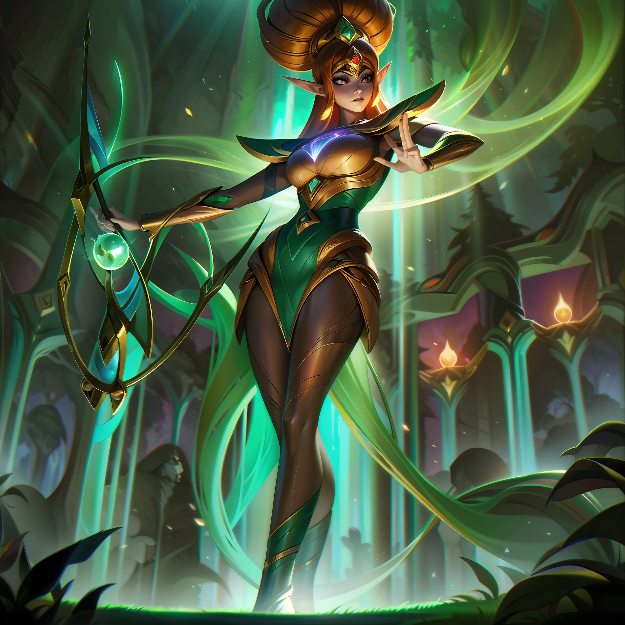 Uma base splash art de "Arqueiro Verdant Xerona" depicts a stunning image of the Bio-Arcane Huntress in the heart of a lush and vibrant forest. Standing with his bow drawn, Xerona exudes an aura of confidence and determination. His elven heritage is evident in his elegant posture and ethereal presence, while his bio-organic weaponry suggests his extraordinary powers. The colors of splash art are predominantly green and brown, espelhando o ambiente natural. Vinhas e folhas adornam sua armadura e arco, symbolizing your deep connection to nature. Seus olhos brilham com uma pitada de energia arcana, reflecting the potent forces under his command. In the background, The dense foliage of the forest adds depth to the scene, while magical rays of sunlight filter through the canopy, casting a charming glow on Xerona. His arrows seem to emanate a soft luminescence, significando sua potente natureza arcana.