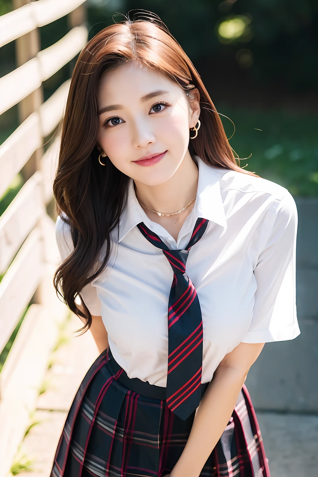 1人、Blushing cheeks、shyly smile、optic、Female School Uniform、large full breasts、White open shirt sticking to the chest、Tartan checked skirt、florals、hair pin、a necklace、piercings、Leaning forward、from below looking up、depth of fields、pointed red mouth、Glossy reddish-brown shorthair、Black eyes、鎖骨、Beautiful fingers、Hourglass body、portrait of a full body、Hurry up and loosen your tie、Staring at the viewer while removing his tie、