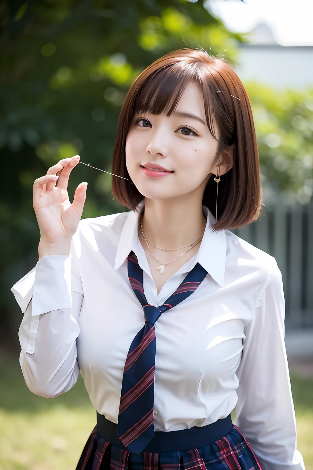 女の子1人、Blushing cheeks、shyly smile、optic、Female School Uniform、large full breasts、White open shirt sticking to the chest、Tartan checked skirt、florals、hair pin、a necklace、piercings、Leaning forward、from below looking up、depth of fields、pointed red mouth、Glossy reddish-brown shorthair、Black eyes、鎖骨、Beautiful fingers、Hourglass body、portrait of a full body、Hurry up and loosen your tie、Staring at the viewer while removing his tie、