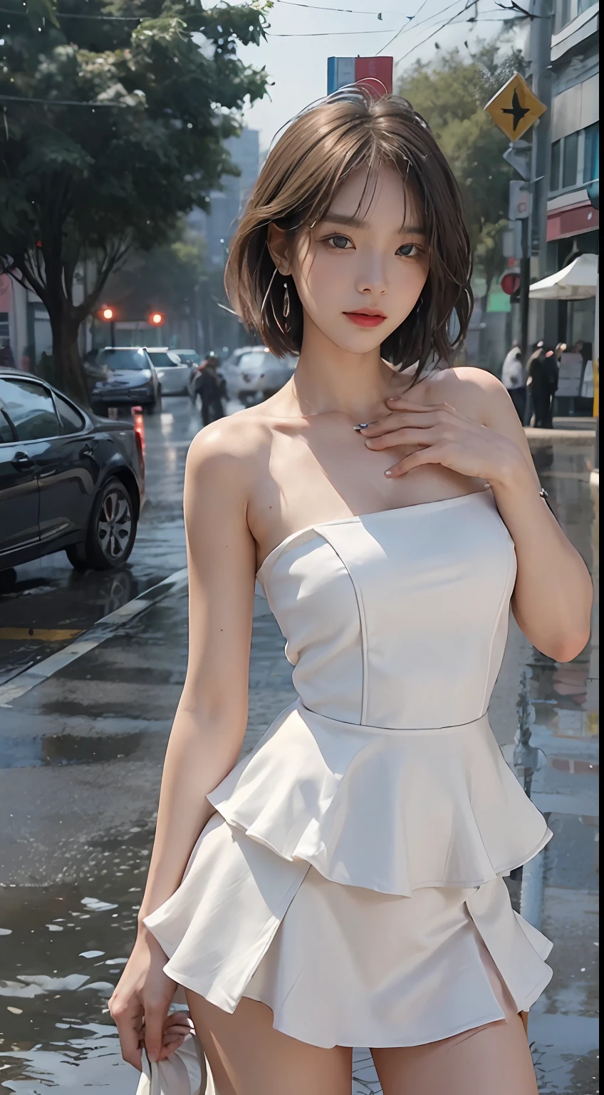 ((best qualtiy, 8K, tmasterpiece:1.3)), Focus:1.2,half-body photo,upper legs,Ultra-realistic skin texture,perfect figure beautiful woman:1.4, Cocked buttocks:1.2, ((Cut hair in layers, Normal chest:1.2)), , (rain, street:1.3), Bandeau dress:1.1, Highly detailed facial and skin texture, A detailed eye, 二重まぶた,Whiten skin,long whitr hair,(with a round face:1.5),Superskirt,Raised sexy,Get wet,depth of fields,Photorealistic work,True shadows