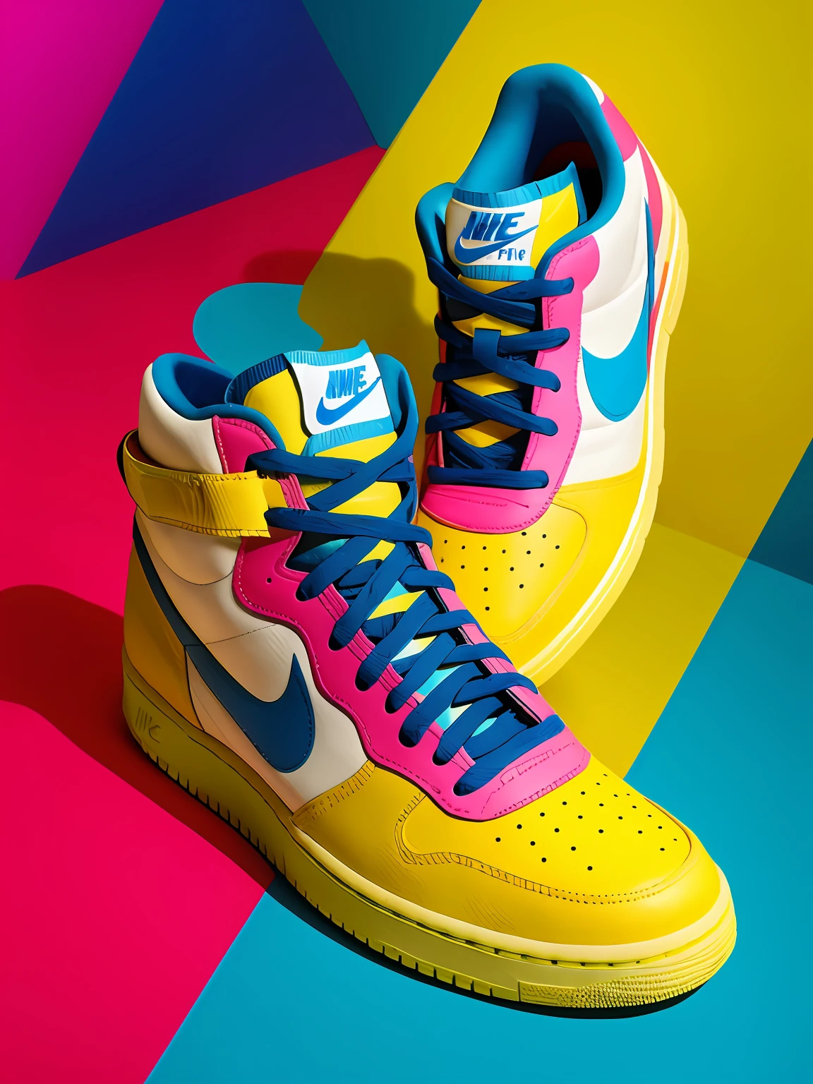 Imagine a Nike sneaker inspired by the unique and vibrant style of artist Jean-Michel Basquiat. The design is full of vivid colors, expressive lines and characteristic elements of Basquiat's works. Use your imagination to create this artistic shoe full of personality! Textura de couro. Textura na parede realista.