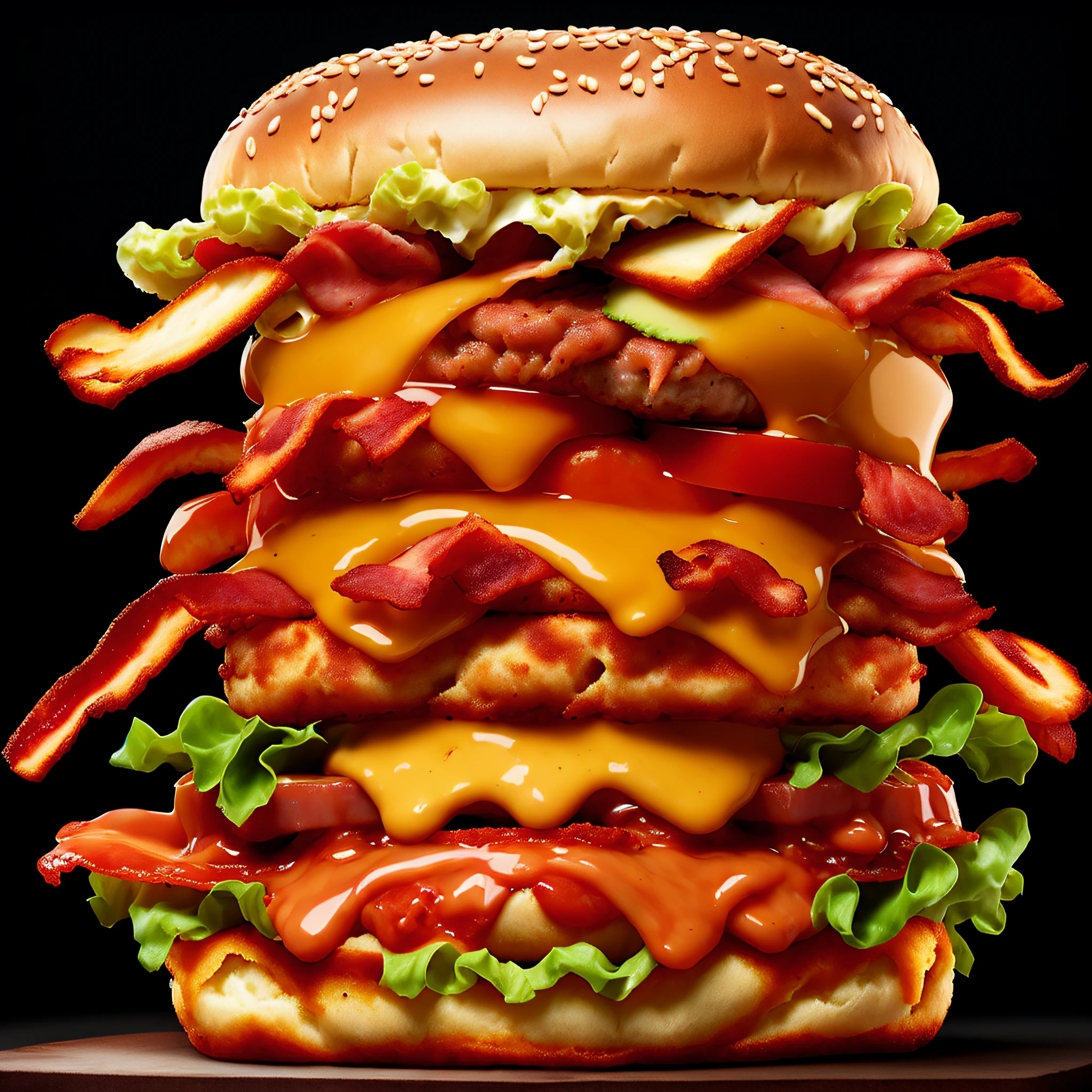 photo (QuadBurger style:1) a large hamburger with bacon, cheese, lettuce, tomato and