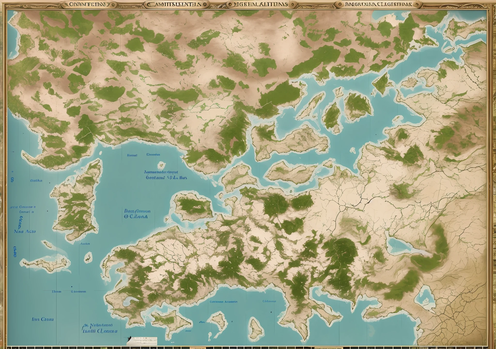 Number of Continents: 5
Locations of the Continents: (Specify the general regions where they are positioned)
Cartographic Style: Medieval - with natural edges and avoiding rigid geometric shapes.
Level of detail: High - with an emphasis on the mountains, rios, florestas, desertos, Cities and other geographical elements.
Climatic Characteristics:
Continent 1 - Wetland with lush forests and mountain ranges in the north.
Continent 2 - Temperate region with fertile plains and winding rivers.
Continente 3 - Vasto, dry desert with secluded oases and a large central river.
Continent 4 - Polar area with glaciers and tundra.
Continent 5 - Tropical jungle with mighty rivers and active volcanoes.
Graphic Quality: Alta - possibilitando zoom extremo sem perda de detalhes.
Oceanos: Depth varieties determined by darker color to indicate deeper areas.
Islands and Archipelagos: Introduce islands and archipelagos in strategic locations.