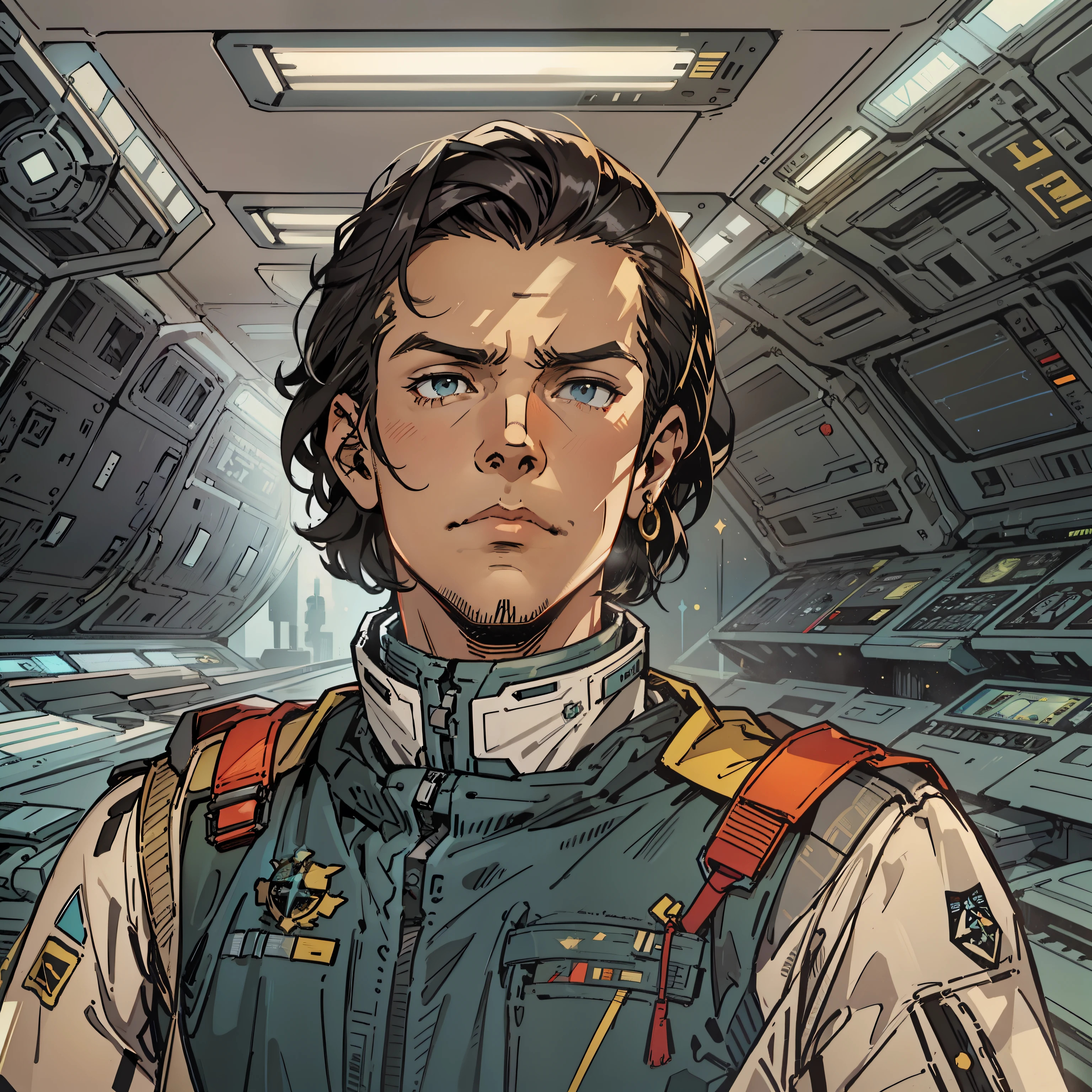 Protagonista humano, 1.87, 26 anos, was born in the constellation of Cytrosgama, filho de Jonh Stryker, antigo comandante da Generius ender e Ellisa Stryker, commander of the 1st F Division.I.E(Intergalactic Space Federation).Striking expression lines: As a result of his military career and his responsibilities as an intergalactic commander, Nathan may have striking frown lines around his mouth and eyes, that indicate their maturity and determination.
Nariz reto: Nathan pode ter um nariz reto e bem definido, which gives you an air of confidence and authority.
Olhos escuros: Nathan pode ter olhos escuros e intensos, that give him a deep and serious air.