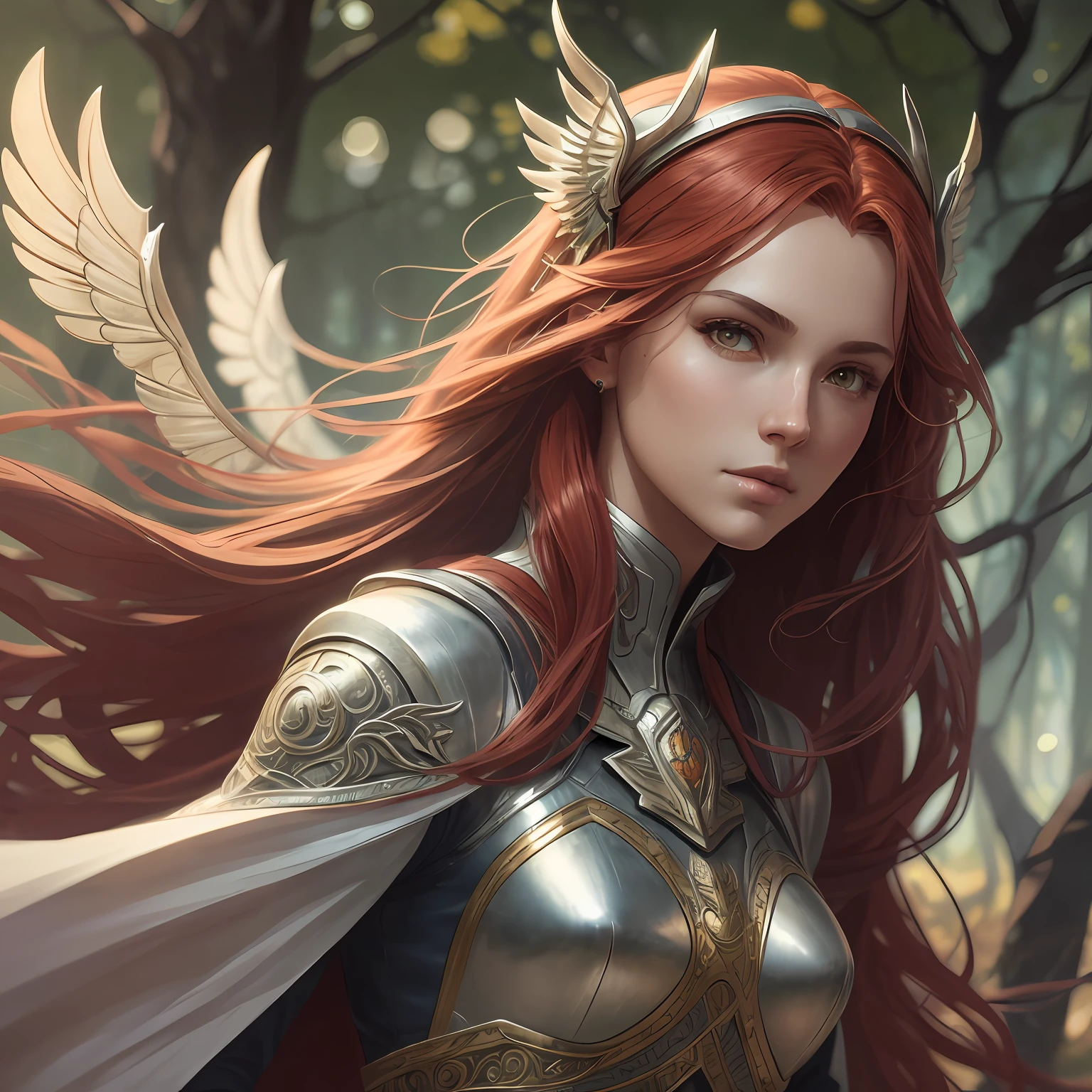 (atmosphere with light and a tree behind)+ 8k aurora portrait, girl with super long hair, super long very light red hair, in battle clothes, with giant silver wings on the back, intricate, highly detailed, digital painting, smooth, sharp focus, illustration, unreal engine 5, 8 k, art by Artgerm and Greg Rutkowski and Alphonse Mucha