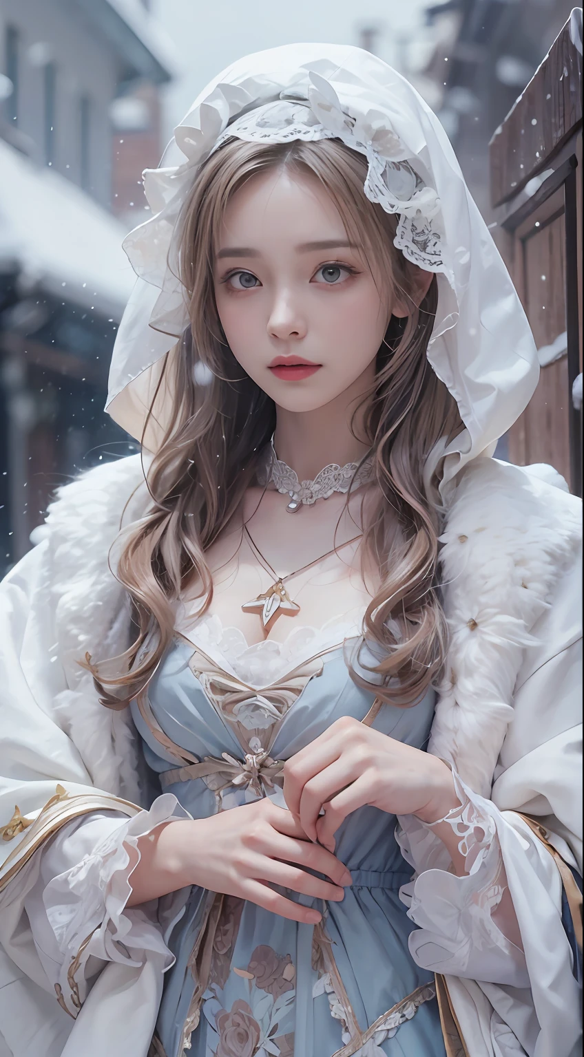 (8K,RAW photos, best qualtiy, tmasterpiece:1.2),(realisticlying, photograph realistic:1.4),Hide your face with sadness,
ta costume,Lace, Aerith Gainsborough, The upper part of the body,upper legs,Lace, undergarments,exposed bare shoulders, do lado de fora, (outside,Covered with snow,cloaks,) high high quality, Adobe Lightroom, highdetailskin, looking at viewert,