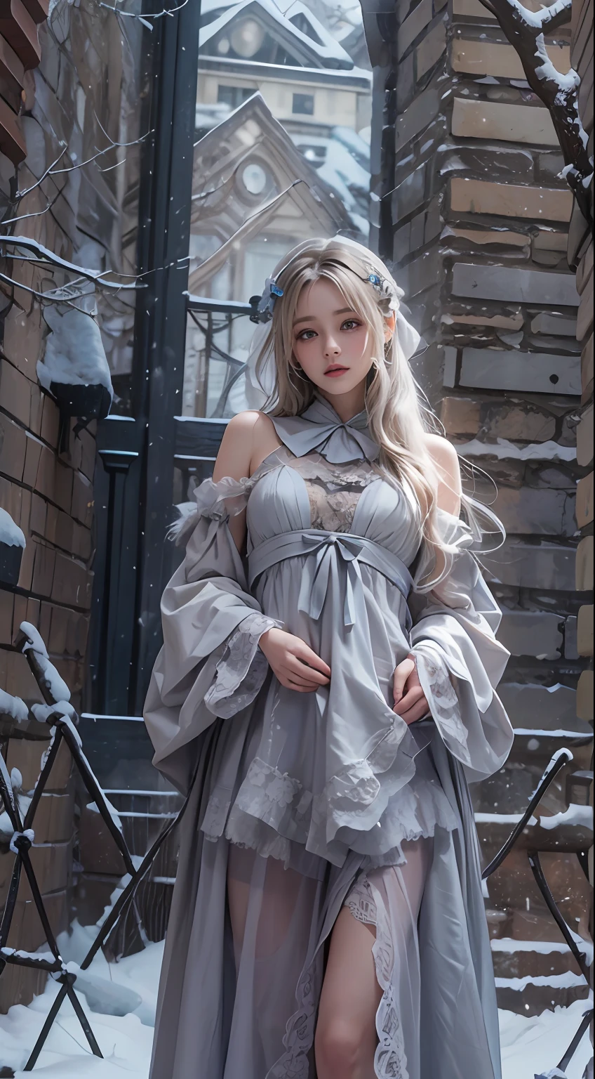 （8K，RAW photos， best qualtiy， tmasterpiece：1.2），（realisticlying， photograph realistic：1.4)，Hide your face with sadness，
Lolita costume，Lace， Aerith Gainsborough， The upper part of the body，upper legs，Lace， undergarments，exposed bare shoulders， do lado de fora， (outside，Covered with snow，cloaks，) high high quality， Adobe Lightroom， highdetailskin， looking at viewert，