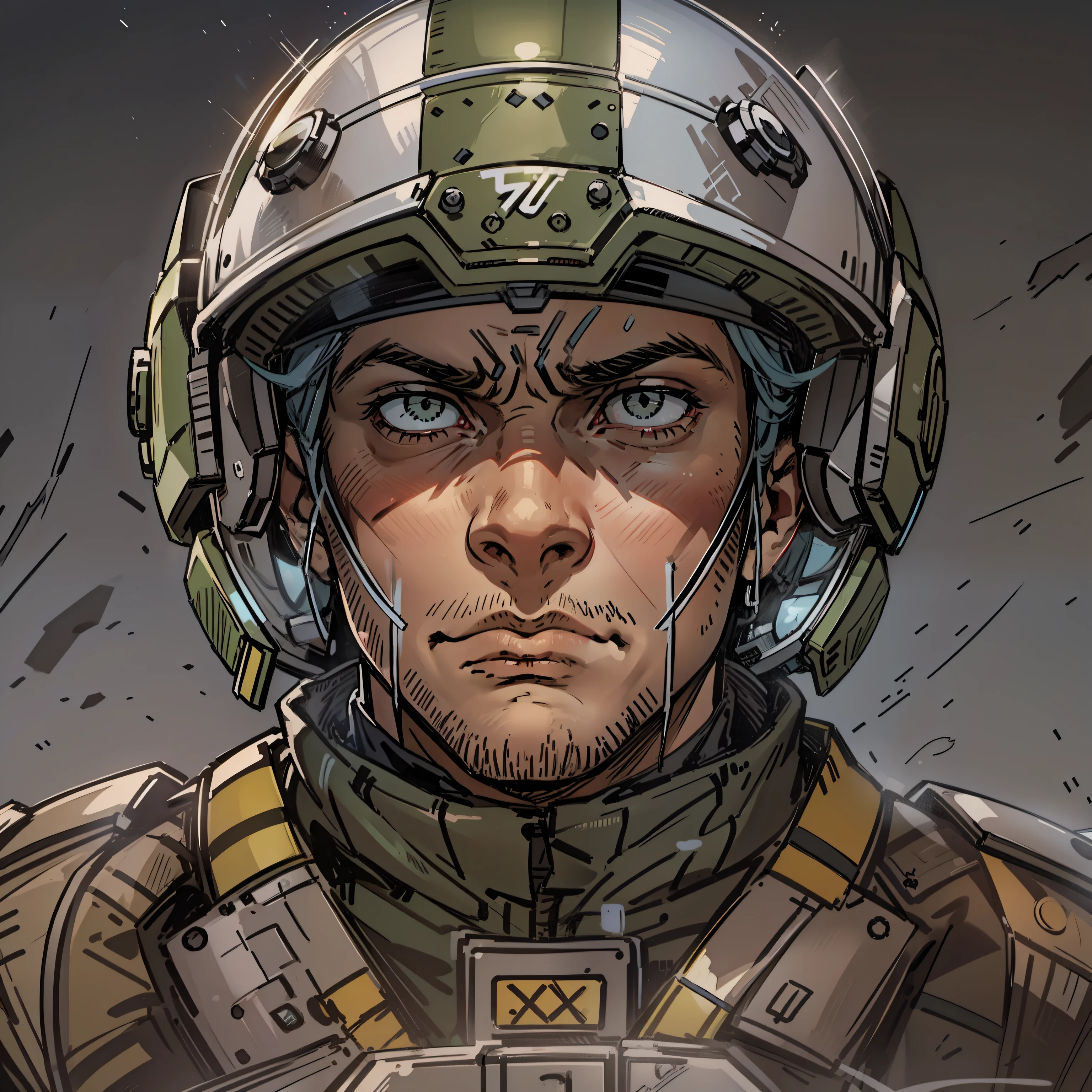 Striking expression lines: As a result of his military career and his responsibilities as an intergalactic commander, Nathan may have striking frown lines around his mouth and eyes, that indicate their maturity and determination.

Nariz reto: Nathan pode ter um nariz reto e bem definido, which gives you an air of confidence and authority.

Olhos escuros: Nathan pode ter olhos escuros e intensos, that give him a deep and serious air.