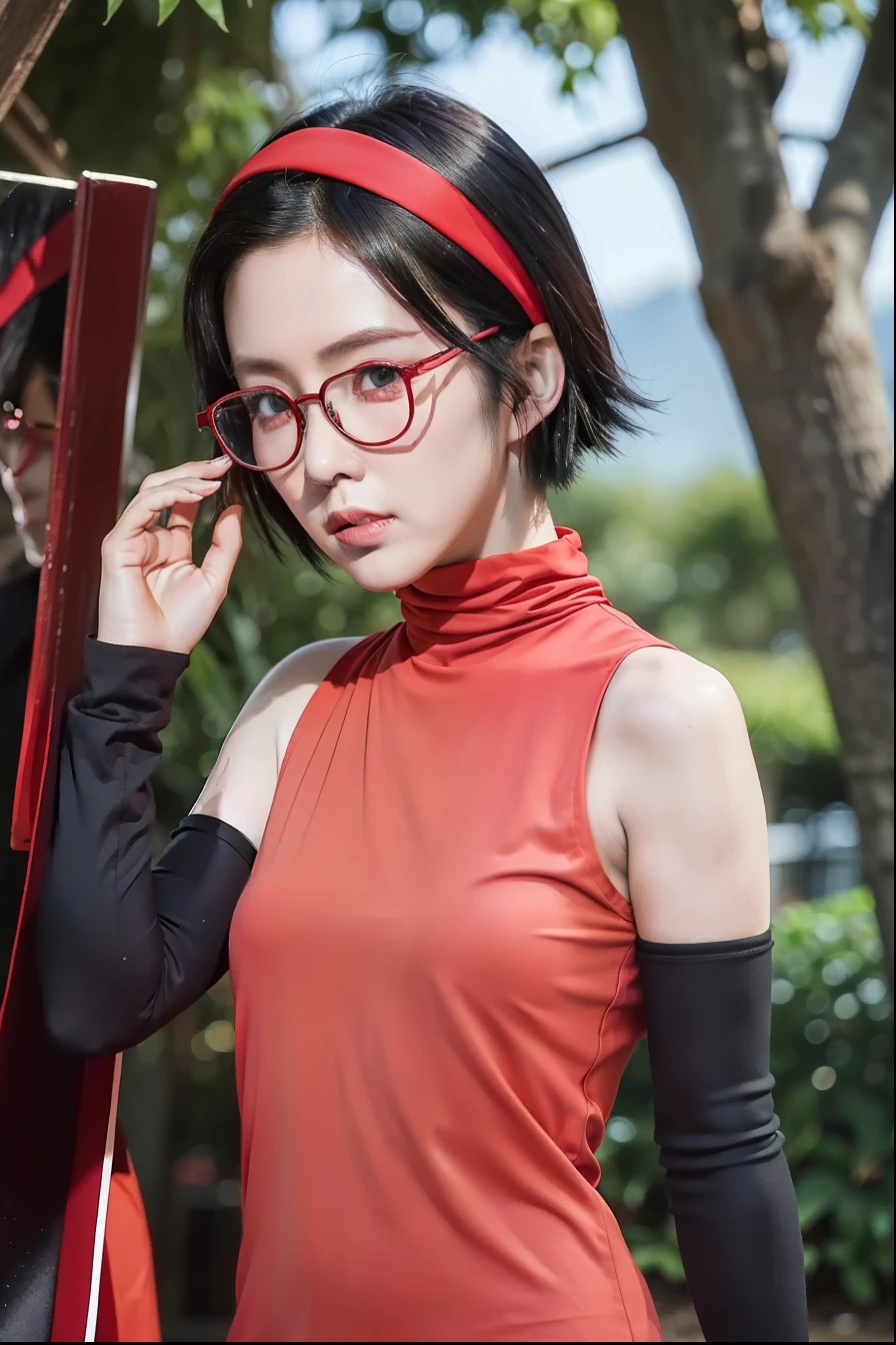UCHIHA SARADA,
BARE SHOULDERS,
BLACK EYES,
BLACK HAIR,
RED FRAMED GLASSES,
SHORT HAIR,
FOREHEAD PROTECTOR,
ARM WARMERS,
RED EYES,