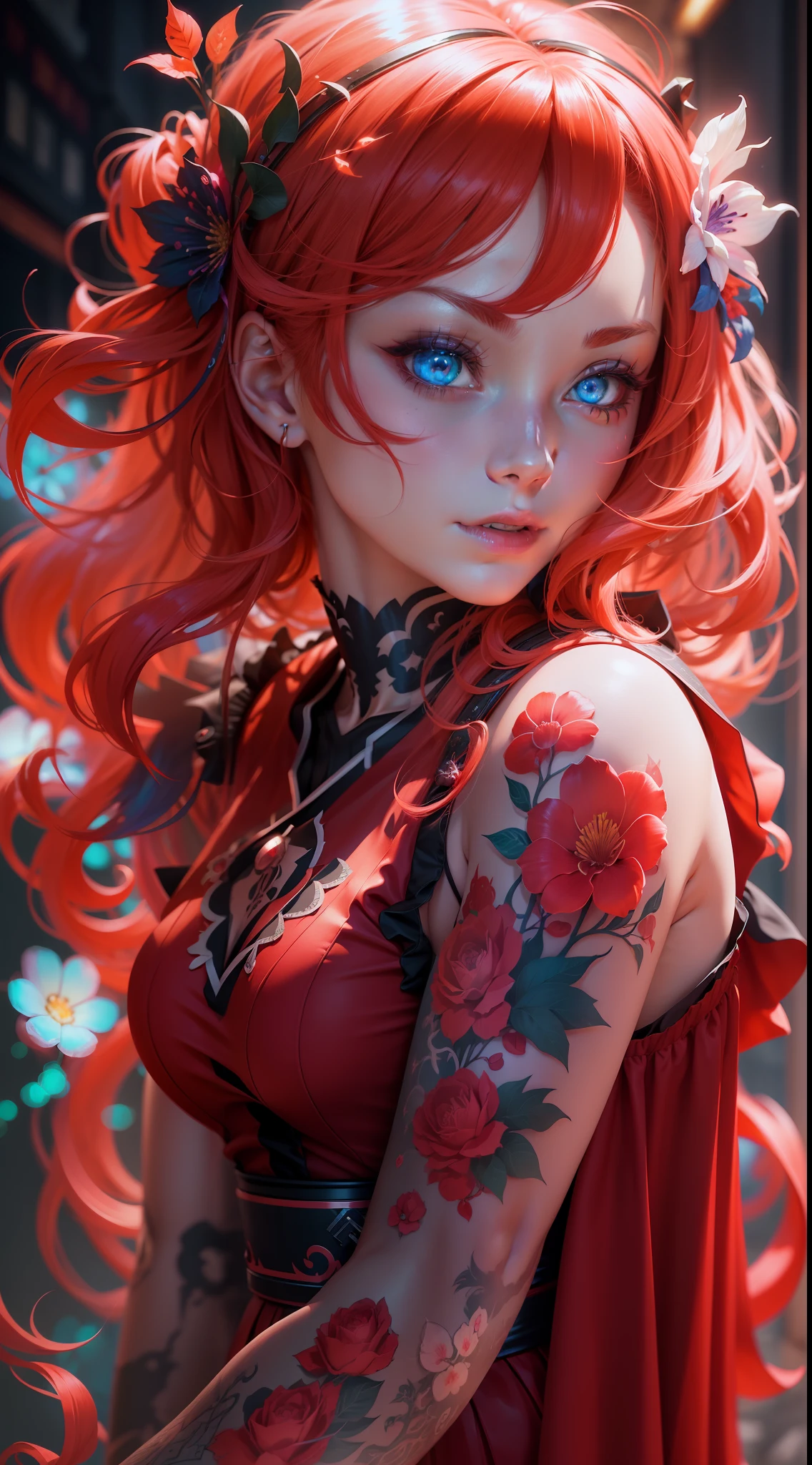 Photorealism, anime girl, vampire, with red hair, red dress, blue eyes, glowing, flowerpunk, samuraipunk, iridescent, bioluminescent, tattoopunk, hyper - detailed vibrant cinematic raking light, stunning, subsurface scattering, ambient occlusion, chromatic aberration, 8k