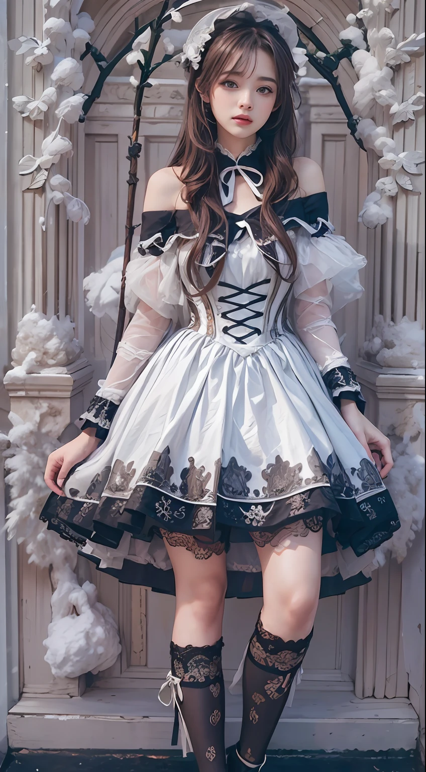 (8K,RAW photos, best qualtiy, tmasterpiece:1.2),(realisticlying, photograph realistic:1.4),Hide your face with sadness,
Lolita costume,Lace, Aerith Gainsborough, The upper part of the body,upper legs,Lace, undergarments,exposed bare shoulders, do lado de fora, (outside,Covered with snow,cloaks,) high high quality, Adobe Lightroom, highdetailskin, looking at viewert,