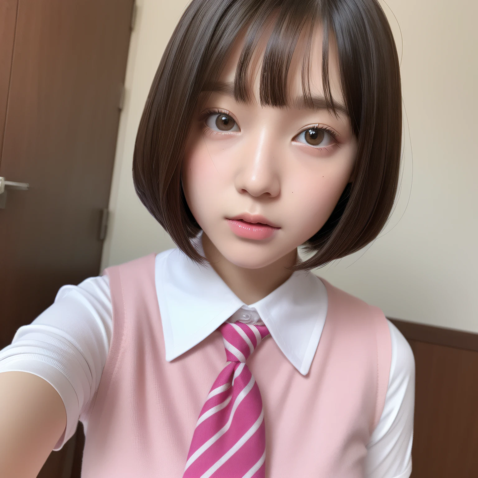 1 girl, bob cut, pink lips, realistic skin texture, cute face, big breasts, full body, selfie, school uniform