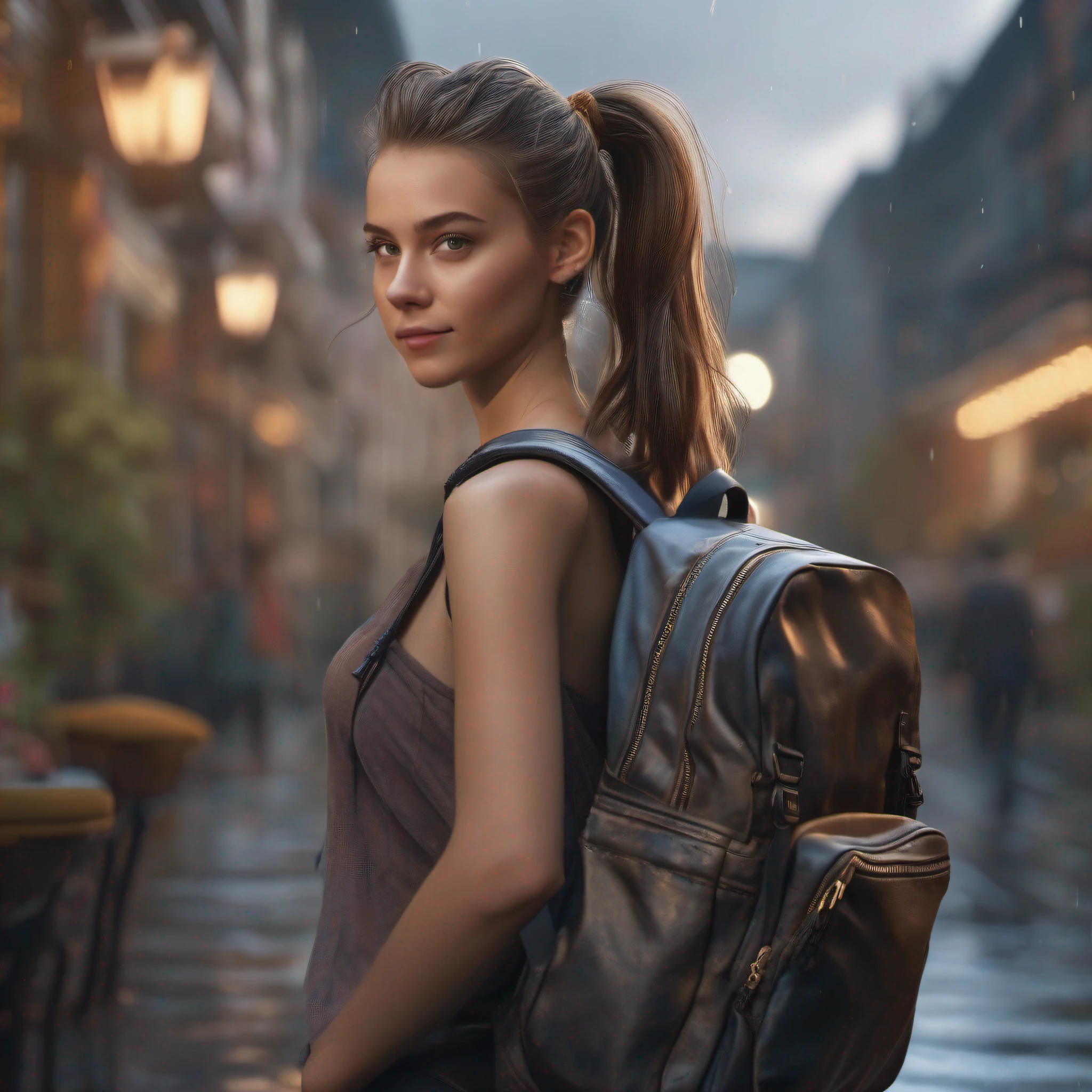 fashion style, masterpiece, best quality, 8k, artstation, sharp focus, (ultrarealistic:1.5), (high details:1.4), raw photo of a young woman, street smiling, backpack, ponytails, faded, complex stuff around, intricate background, soaking wet, (Cinematic:1.4),