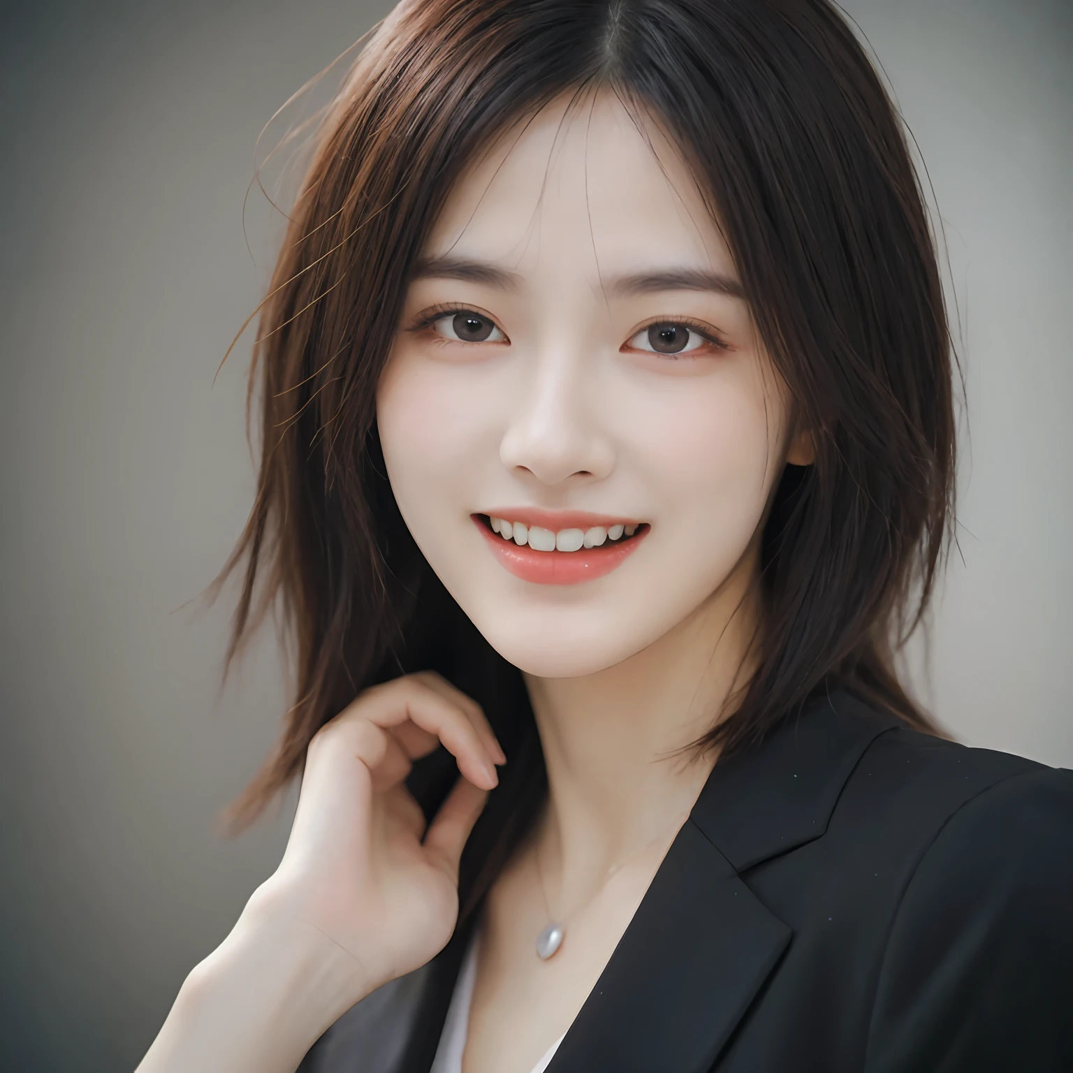Dressed, (photographrealistic:1.4), (Hyper realistic:1.4), (Realistic:1.3), (Smoother lighting:1.05), (increase cinematic lighting quality:0.9), 32K, 1girl in,25-years old, Realistic lighting, Backlighting, Light on Face, raytrace, (Brightening light:1.2), (Increase quality:1.4), (Top quality real texture skins:1.4), finely detailed eyes, finerly detailed face, (tired and sleepy and joy:0), (Laugh:1.4), Black Suit,a necklace, (Increase body line mood:1.1), (Increase the beauty of skin texture:1.1)