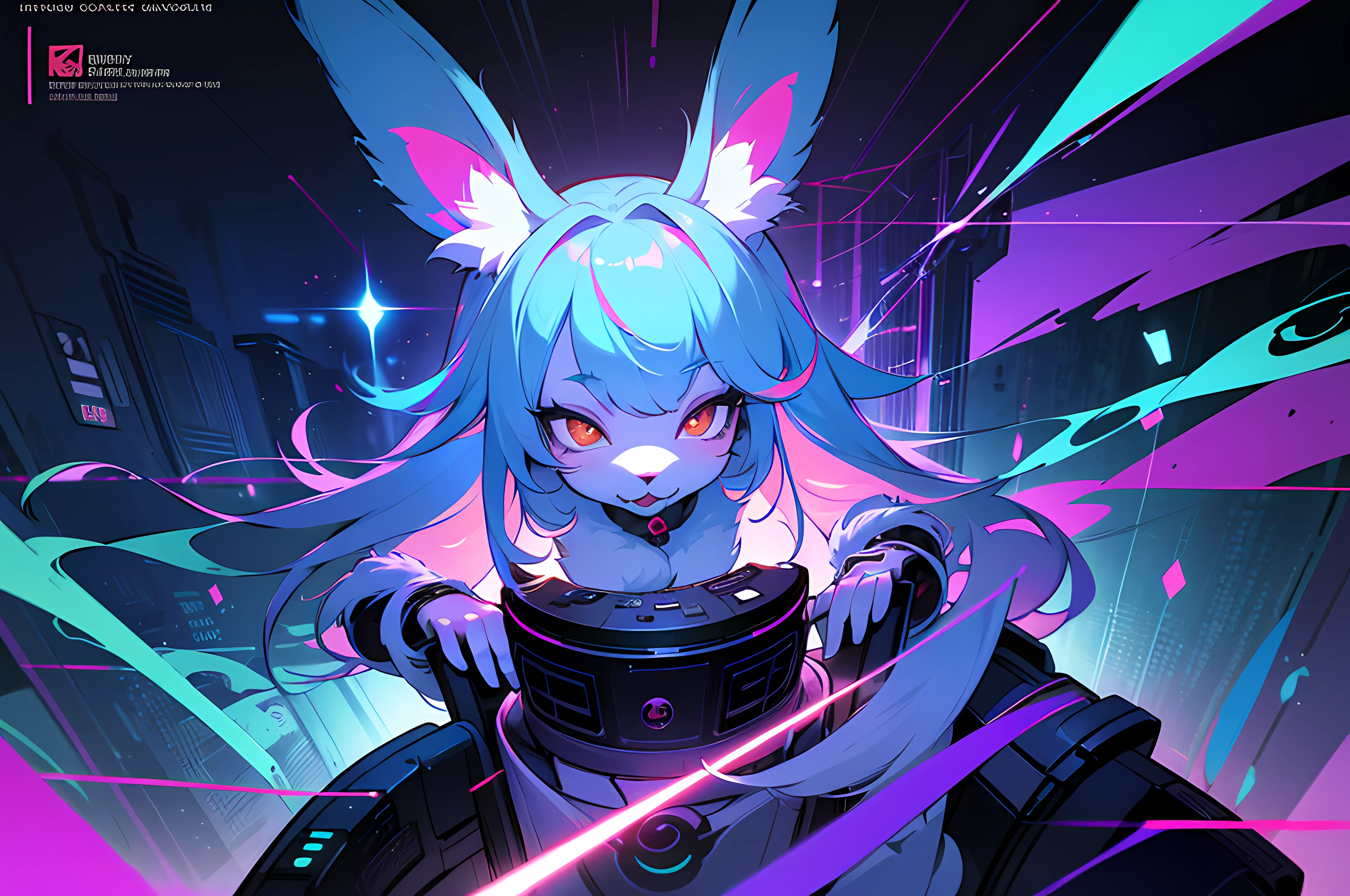(blame! style abandoned tech landscape), (Zen, Amy Sol style), (((Lofi anthro kemono blue-furred rabbit girl writing at desk, beats to relax/study to))), ((blue kemono beastars furry rabbit anime hacker)), (((suspended glass cyberpunk computer terminals in background)))((glowing cyberdeck screens)), (underground, dark, foggy, perilous, abandoned dystopian apartment bedroom, deep windows), (abstract anthro rabbit figure wearing bunny ears), cover art with light abstraction, abstract, simple vector art, contemporary Cybernetic art, color gradients, soft color palettes, layered forms, whimsical animation, style Ethereal abstract, 4K, --v6