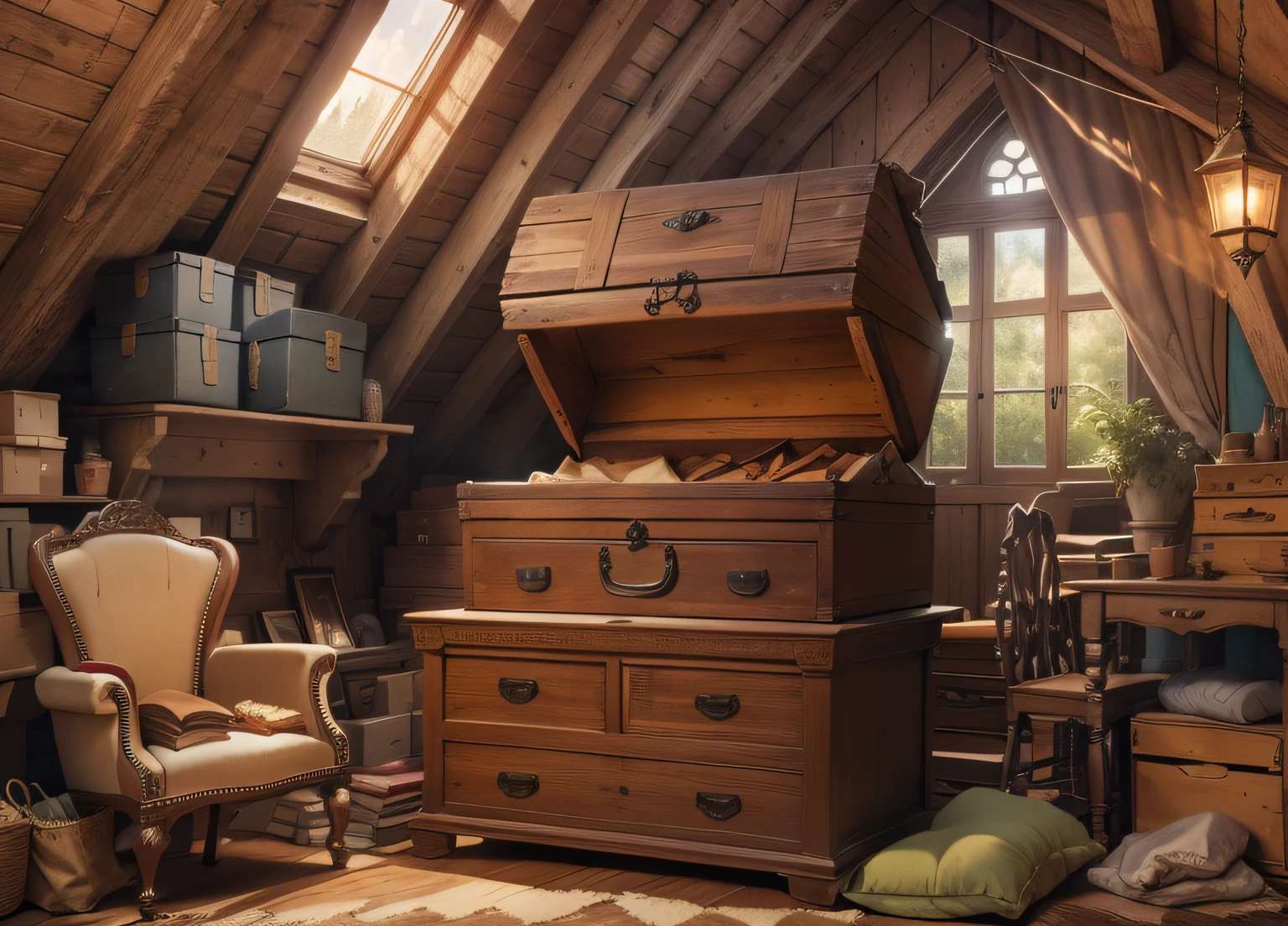 Attic full of boxes and dusty, with an old chest and an antique armchair, estilo disney