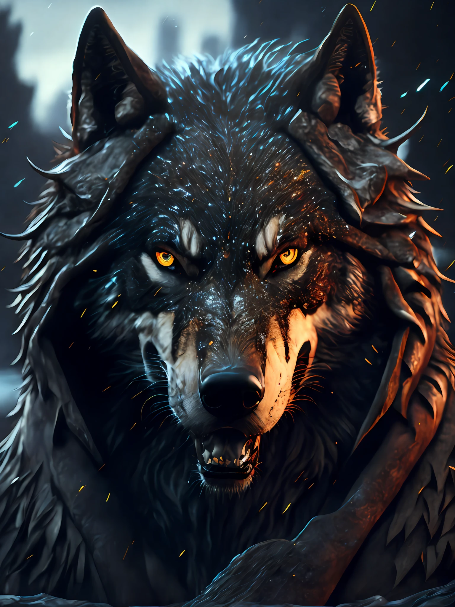 Wolf god, hyper realistic, tension, cold, highly detailed, sharp focus, professional, 8k UHD, cinematic, dark, violent, outdoor, River, battle, chase, dramatic, vivid, nervous vibe, render, epic, twilight, HDR, album cover, blizzard, lightning, cataclysmic