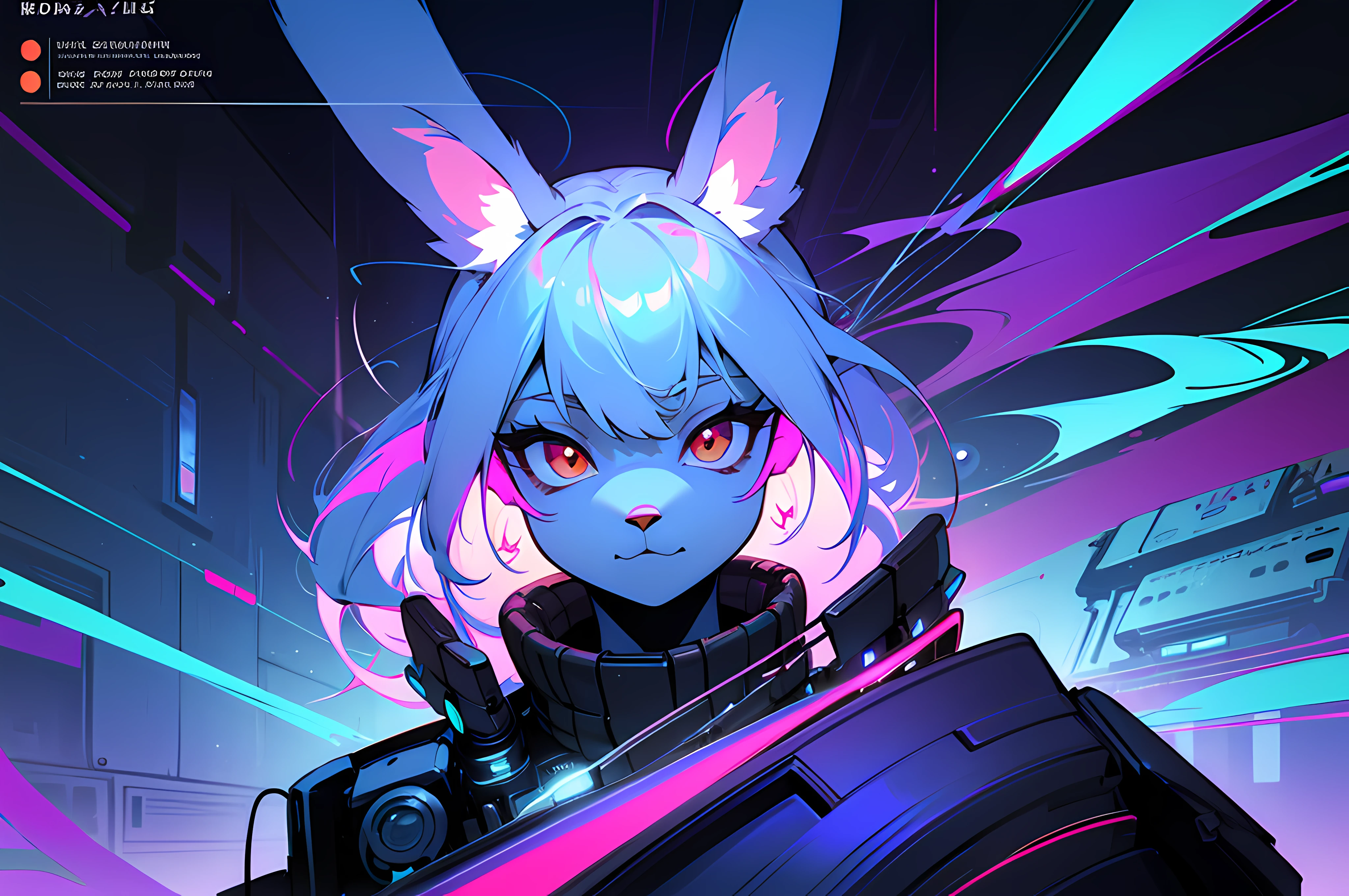 (blame! style abandoned tech landscape), (Zen, Amy Sol style), (((Lofi anthro kemono blue-furred rabbit girl typing at computer terminal, beats to relax/study to))), ((blue kemono beastars furry rabbit anime hacker with soft paws)), (((suspended glass cyberpunk computer terminals in background)))((glowing cyberdeck screens)), (underground, dark, foggy, perilous, abandoned dystopian apartment bedroom, deep windows), (abstract anthro rabbit figure wearing bunny ears), cover art with light abstraction, abstract, simple vector art, contemporary Cybernetic art, color gradients, soft color palettes, layered forms, whimsical animation, style Ethereal abstract, 4K, --v6