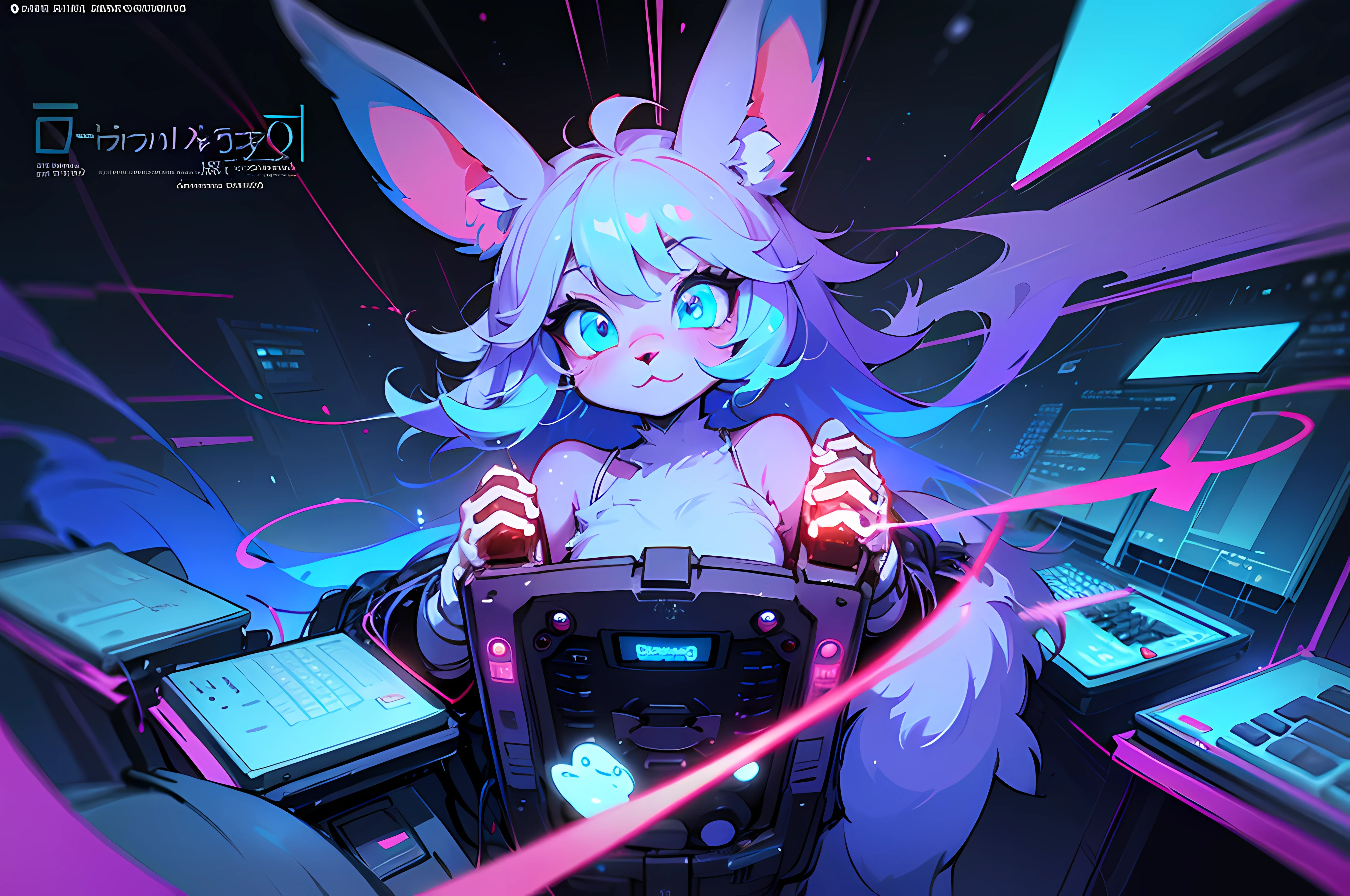 (blame! style abandoned tech landscape), (Zen, Amy Sol style), (((Lofi anthro kemono blue-furred rabbit girl typing at computer terminal, beats to relax/study to))), (((blue kemono beastars furry rabbit anime hacker with small soft paws))), (((suspended glass cyberpunk computer terminals in background))), ((glowing cyberdeck screens)), (underground, dark, foggy, perilous, abandoned dystopian apartment bedroom, deep windows), (abstract anthro rabbit figure wearing bunny ears), cover art with light abstraction, abstract, simple vector art, contemporary Cybernetic art, color gradients, soft color palettes, layered forms, whimsical animation, style Ethereal abstract, 4K, --v6