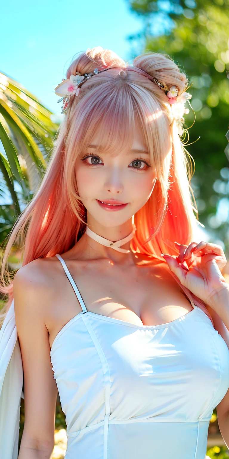 (8K, 4K, Best quality, A high resolution:1.2), (marsterpiece, Realistic, photograph realistic:1.37), 1girll, Solo, Beautiful face, eyeslashes, nase, Glossy lips, (Detailed eyes, view the viewer, Fair skin, White skin:1.5), fine complexion, Upper body,
Large breasts, Busty, , (:1.5),
Outdoor onsen,
two sides up, Absurdly long hair, Blonde hair, Pink hair, bangs, hair adornments, bow,
Younger, aged down,Exposed swimsuits