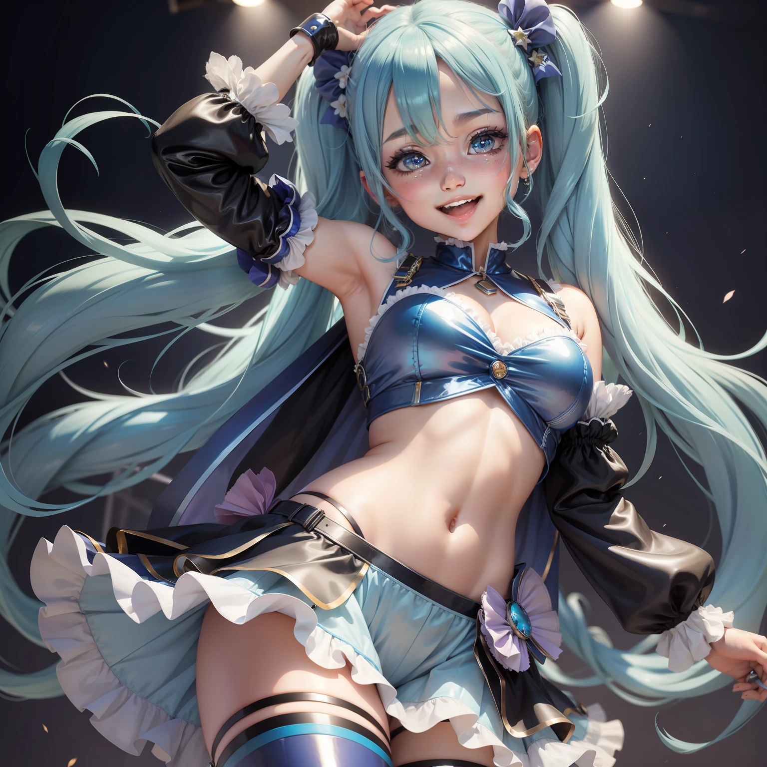 Idol girl, blue hair twintails, shiny outfit, happy expression, cute face