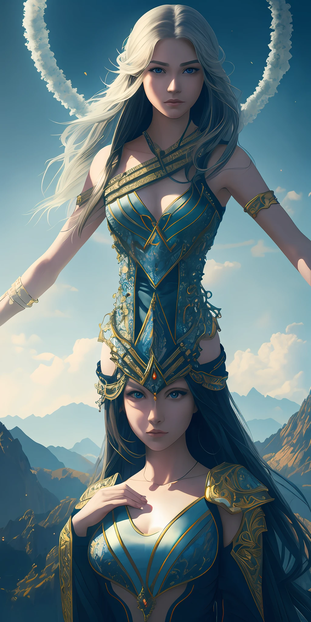 A photo shows the man holding a woman Symmetrical fantasy RPG portrait, arte chave detalhada do anime, Symmetrical Epic Fantasy Art, , geometria sagrada, Fibonacci, homem moreno, careca, intertwined with woman, cabelos longos