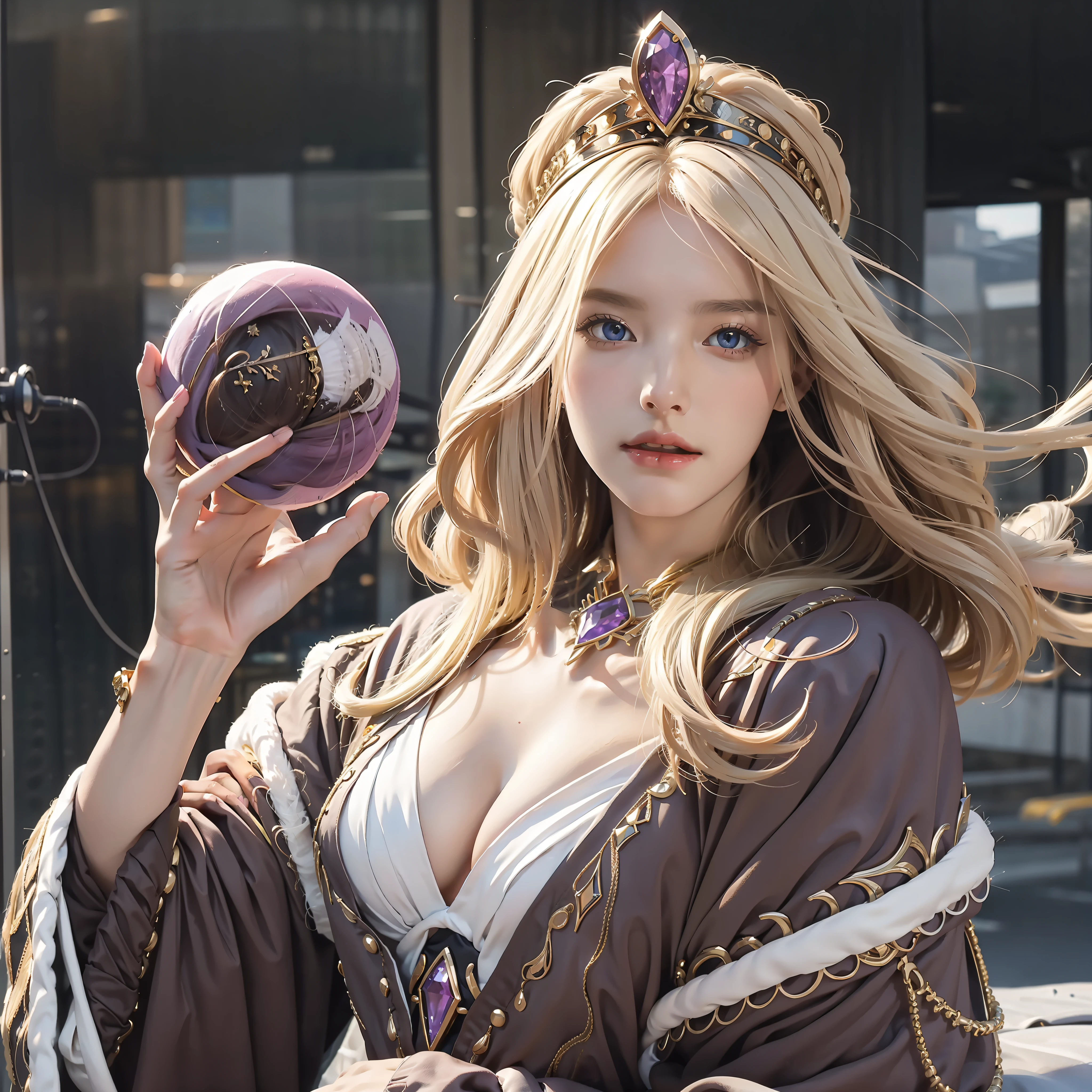 breast enhancement,Fix fingers,There must be only one person,Plenty of gemstone decoration,Three-quarters of body pictures,Female magician,high elf,Pure white skin,Must be long blonde hair,Golden eyes,Magician hat,Deep purple wizard robes,decoration of gold,Noble,luxury goods,The right hand is outstretched,There is a flow of energy in the palm of the hand,beatiful detailed eyes,offcial art,Unified 8k wallpaper,ultra - detailed,Beautiful and beautiful,big breasts beautiful,tmasterpiece,best qualtiy,tmasterpiece,ultra fine photos,best qualtiy,超高分辨率,photorealistic realism,full-body portraits,stunningly beautiful,dynamicposes,delicated face,Vibrant eyes,(seen from the front), 详细的脸,milkyW,highly detailedskin,Realistic details of skin,Visible pores,Clear focus,8K UHD,High-quality fair skin,