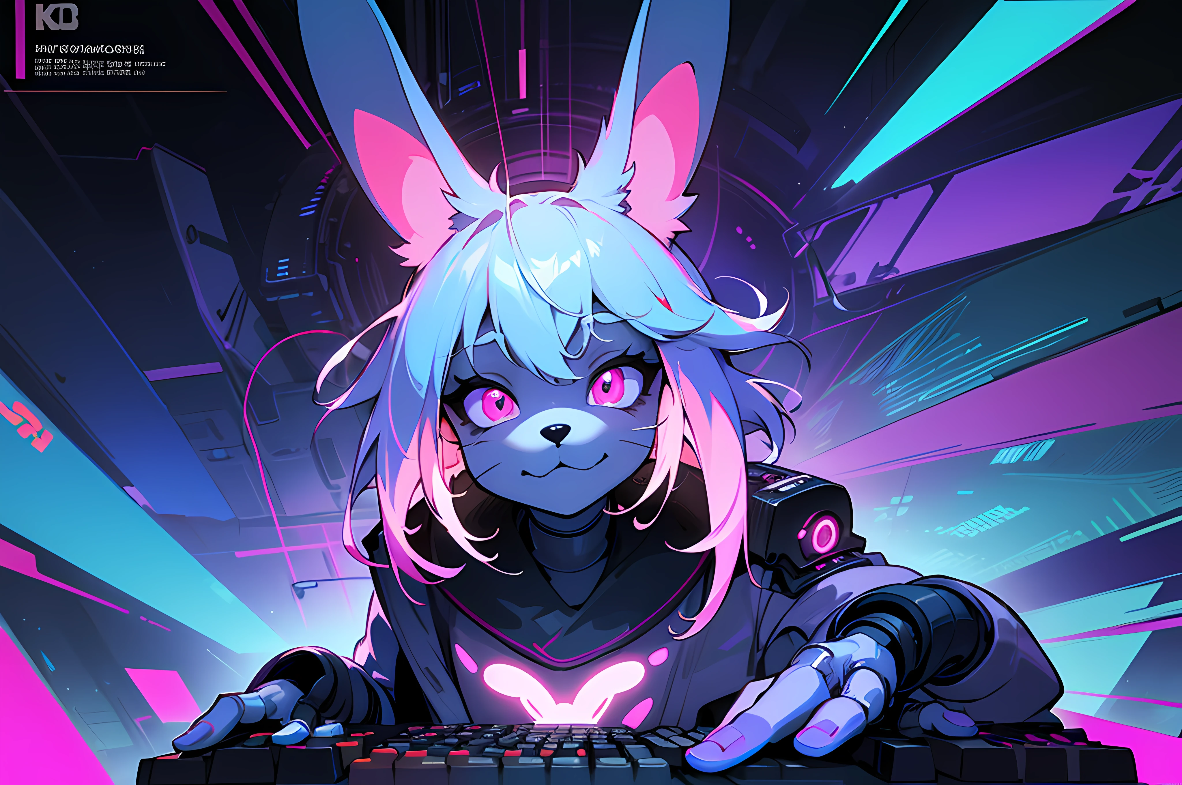 (blame! style abandoned tech landscape), (Zen, Amy Sol style), (((Lofi anthro kemono blue-furred rabbit girl typing at computer terminal, beats to relax/study to))), (((blue kemono beastars furry rabbit anime hacker with small soft paws))), (((suspended glass cyberpunk computer terminals in background))), ((glowing cyberdeck screens)), (underground, dark, foggy, perilous, abandoned dystopian apartment bedroom, deep windows), (abstract anthro rabbit figure wearing bunny ears), cover art with light abstraction, abstract, simple vector art, contemporary Cybernetic art, color gradients, soft color palettes, layered forms, whimsical animation, style Ethereal abstract, 4K, --v6