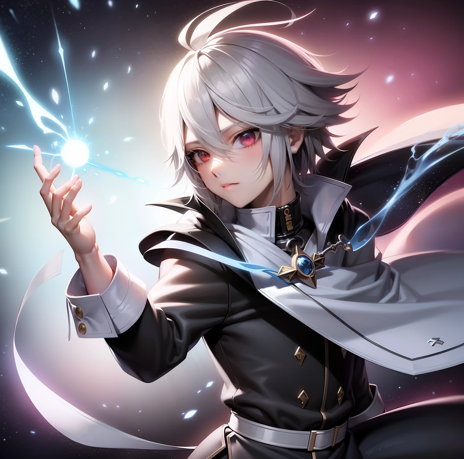 personagem de anime com cabelo branco e capa roxa segurando uma espada, casimiro arte, arcano, Netflix, he is in a alchemist lab, key art anime sharp focus, arte chave do anime, an epic anime of a energy man, Arte completa, thancred waters, shigenori soejima illustration, psiônico, arte chave do anime, Da magia o encontro, cientistas 8K full hd