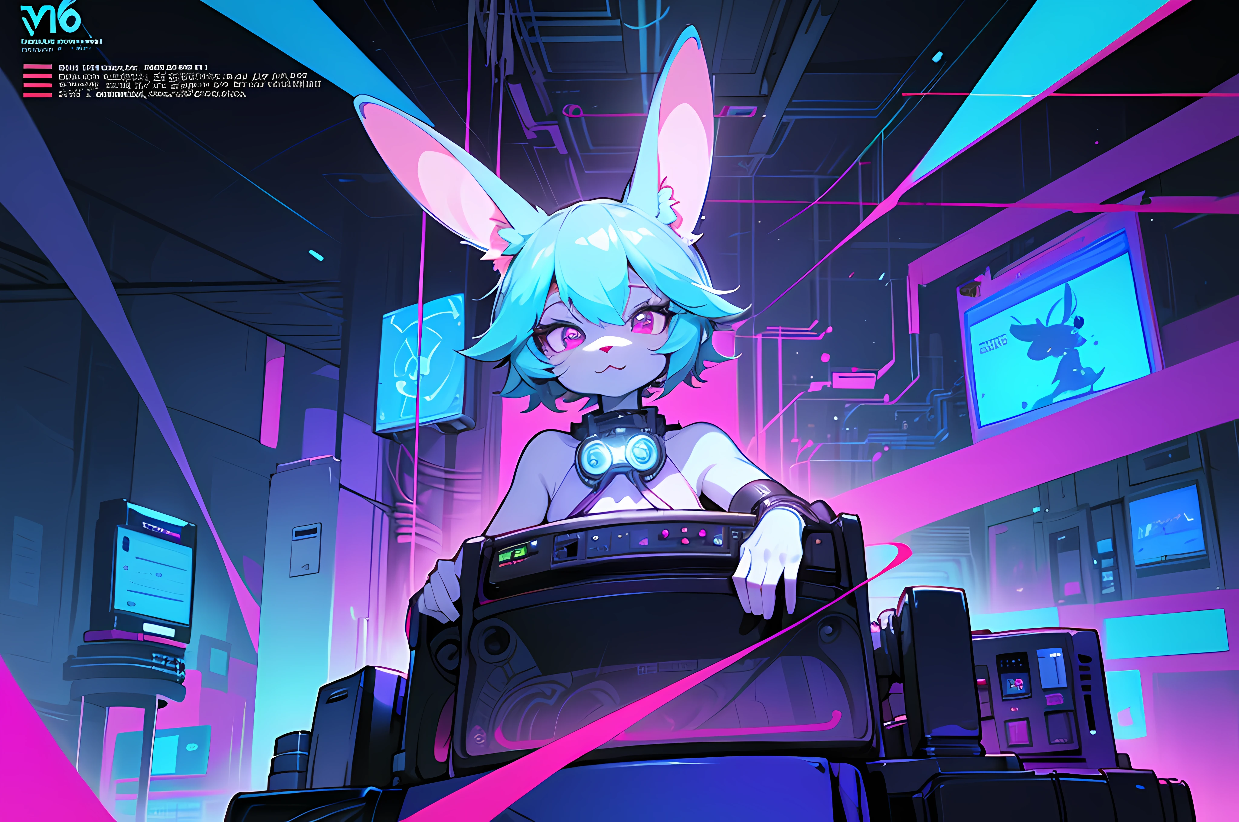 (blame! style abandoned tech landscape), (Zen, Amy Sol style), (((Lofi anthro kemono blue-furred rabbit girl typing at computer terminal, behind giant glass terminal screen, beats to relax/study to))), (((blue kemono beastars furry rabbit anime hacker with small soft paws))), (((suspended glass cyberpunk computer terminals in background))), ((glowing cyberdeck screens)), (underground, dark, foggy, perilous, abandoned dystopian apartment bedroom, deep windows), (abstract anthro rabbit figure wearing bunny ears), cover art with light abstraction, abstract, simple vector art, contemporary Cybernetic art, color gradients, soft color palettes, layered forms, whimsical animation, style Ethereal abstract, 4K, --v6