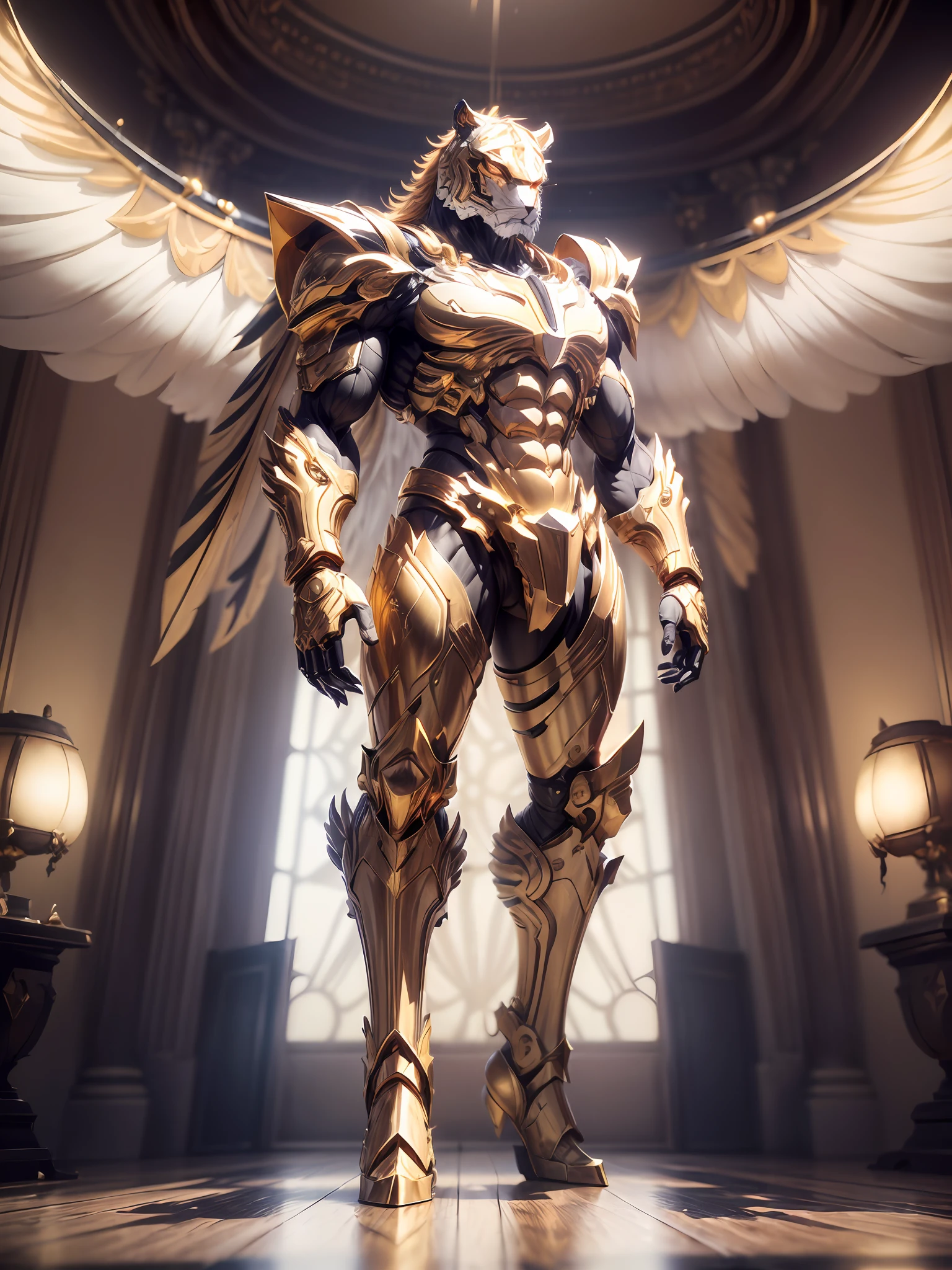 (anthropomorphism:1.5),(Full Body Shot), 1 gold tiger mecha(Mechanical style gold tiger head, Exquisite Helmet:1.2, muscular limbs, muscular body, Unfold wings made of gold:1.2), Standing on two legs, nobody, Dreamy Glow,clean,white background, ( Global illumination, raytracing, HDR, unreal render,reasonable design, high detailed, masterpiece, best quality, UHD, Cinematic Lighting)