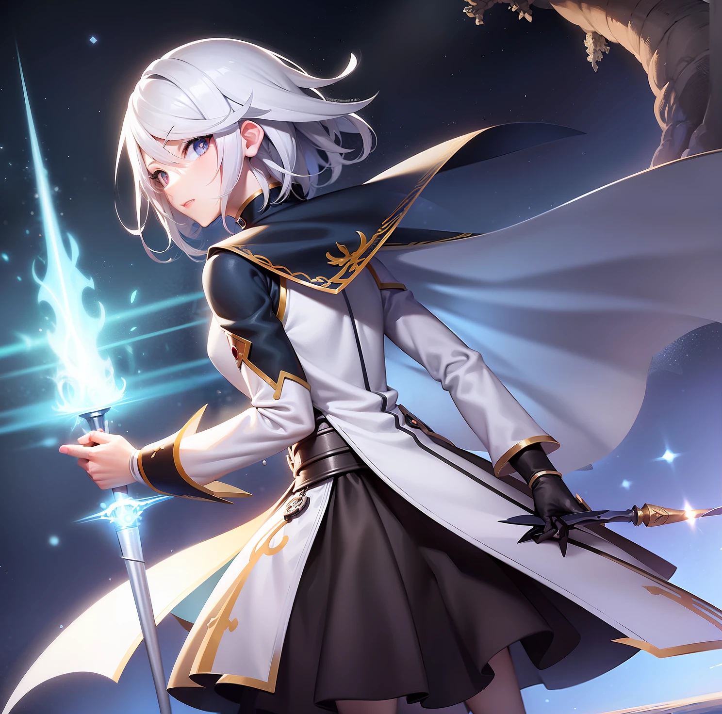 personagem de anime com cabelo branco e capa roxa segurando uma espada, casimiro arte, arcano, Netflix, he is in a alchemist lab, key art anime sharp focus, arte chave do anime, an epic anime of a energy man, Arte completa, thancred waters, shigenori soejima illustration, psiônico, arte chave do anime, Da magia o encontro, cientistas 8K full hd