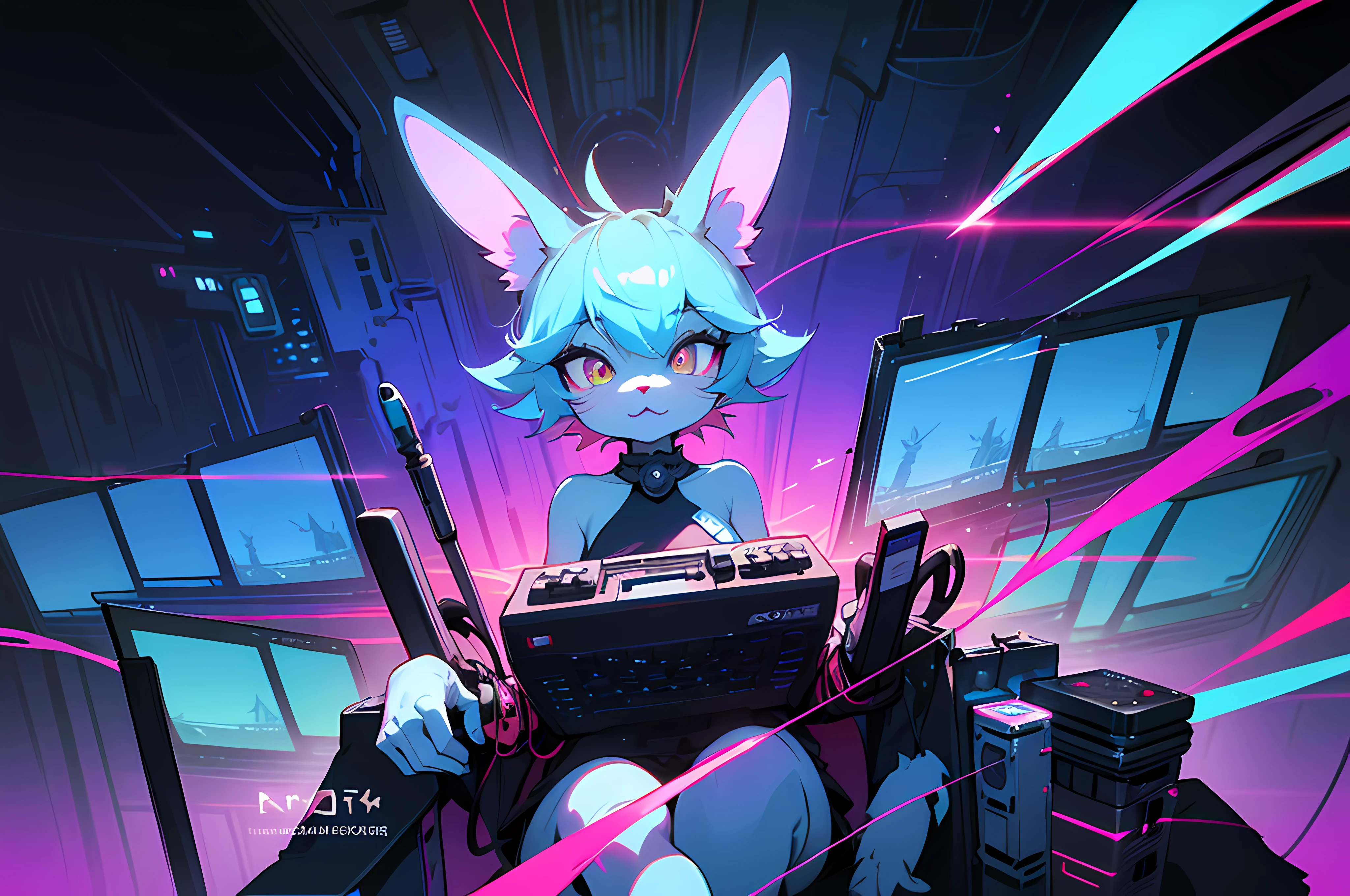 (blame! style abandoned tech landscape), (Zen, Amy Sol style), (((Lofi anthro kemono blue-furred rabbit girl sitting behind computer terminal, behind giant glass terminal screen, beats to relax/study to))), (((blue kemono beastars furry rabbit anime hacker with small soft paws))), (((suspended glass cyberpunk computer terminals in background))), ((glowing cyberdeck screens)), (underground, dark, foggy, perilous, abandoned dystopian apartment bedroom, deep windows), (abstract anthro rabbit figure wearing bunny ears), cover art with light abstraction, abstract, simple vector art, contemporary Cybernetic art, color gradients, soft color palettes, layered forms, whimsical animation, style Ethereal abstract, 4K, --v6