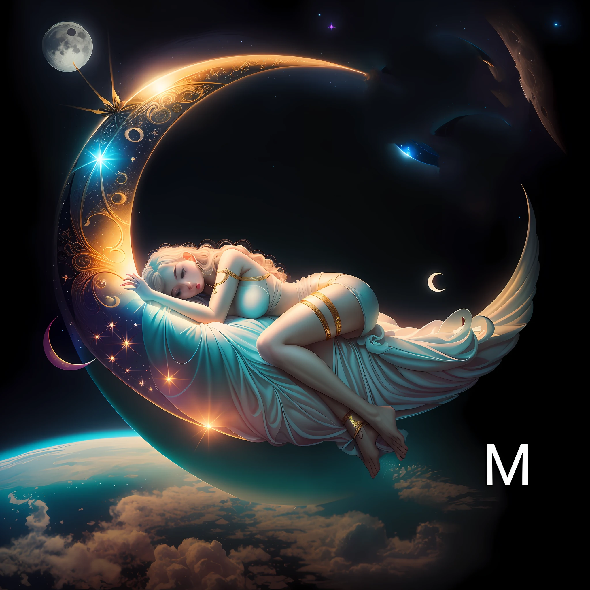 Un primer plano con una imagen de una mujer acostada en una luna, Estilo de lente sobresaturado, Hiperrealismo de alto contraste 8K, Text-to-picture supercomputers, Detalles precisos exagerados, irreal con degradado on, Contenido hiperrealista, generativo, Amazing creative screenshot, Contenido de detalles fotorrealistas, Photorealistic features, en el universo.Altamente realista