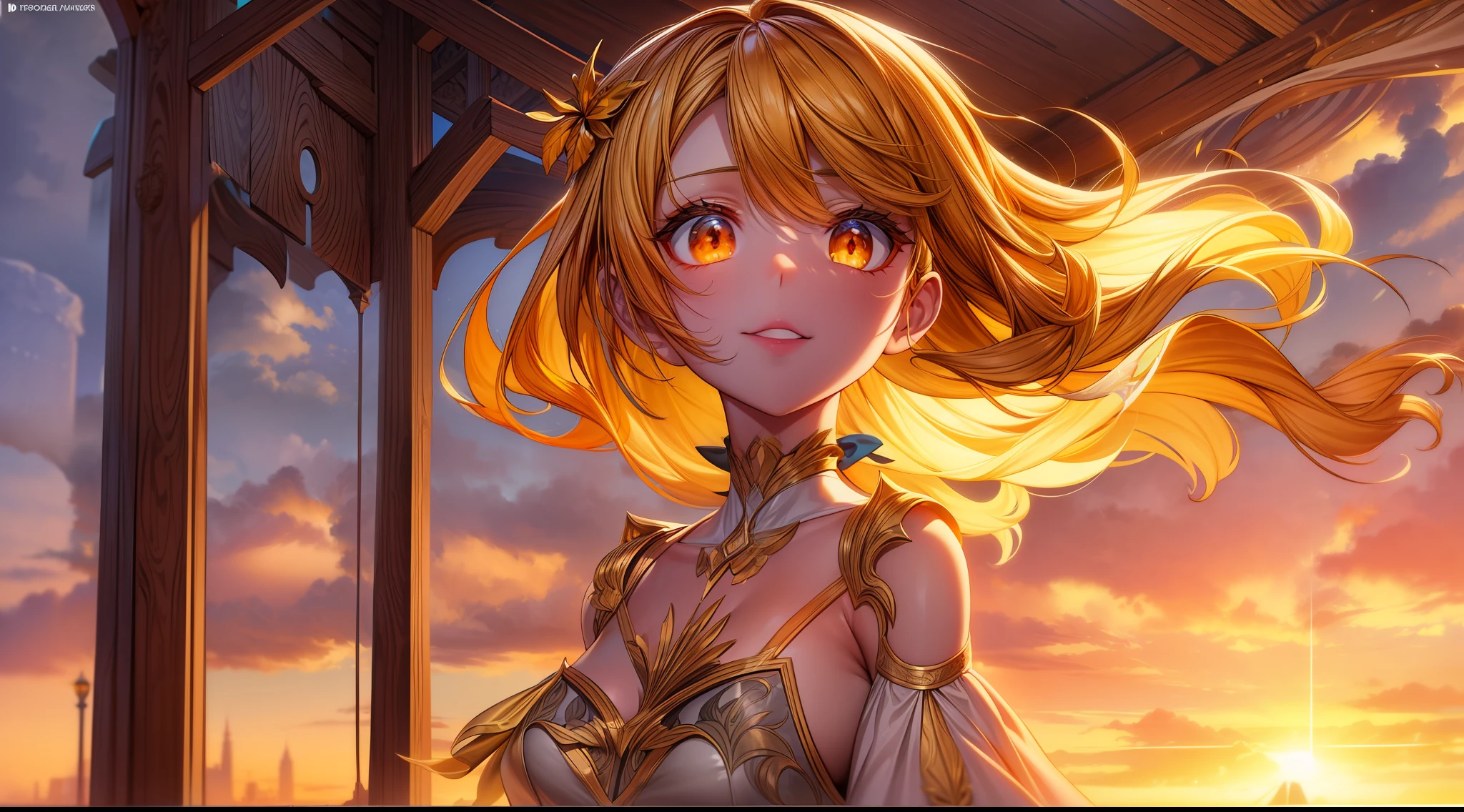 The "golden hour" is a term used in photography and cinematography to describe the time of day just after sunrise or just before sunset when the natural light is soft and warm, and the colors in the sky and on the landscape are particularly vivid and beautiful.In anime, the golden hour is often depicted through stunningly detailed and vibrant backgrounds, with the warm hues of the sun bathing the scenery in a rich, golden light. Characters might be shown basking in the glow of the sunset, their silhouettes sharply defined against the brilliant sky. The mood during the golden hour in anime is often peaceful, introspective, or romantic, as characters reflect on the beauty of the world around them.The golden hour is frequently used in anime to create a sense of wonder and awe, capturing the beauty of the natural world and inviting viewers to appreciate the fleeting moments of magic that can be found in everyday life. close POV, young anime girl wearing a beautiful dress, beautiful orange eyes sparkling, golden hour sunset, golden hour, golden hour scenery, smiling at the camera, elegant pose, looking at the viewer, fantasy art style, character portrait, drawn in medibang paint, 4k wallpaper, aesthetic, masterpiece, award-winning photography, macro photography vivid colors, photorealistic, atmospheric, cinematic, moody, rule of thirds, majestic, detailed, perfect anatomy cowboy shot, contrapposto, looking at viewer, highres, superb, 8k wallpaper, extremely detailed, intricate, unreal engine 5, volumetric lighting, realistic, realistic lighting, cinematic, 4k, cinematic lighting, 8k, depth of field, 3d, masterpiece, perfect, award-winning, hyper-detailed, photorealistic, ultra realistic, realistic light, hard lighting, intricate details, stop motion, hyperfocus, tonemapping, sharp focus, hyper detailed, detailed eyes, eyes focus, (illustration:1.1), highres, (extremely detailed CG unity 8k wallpaper:1.1), (mid shot1.25), (portrait:1.25), (solo:1.2), 1girl, (beautiful fac