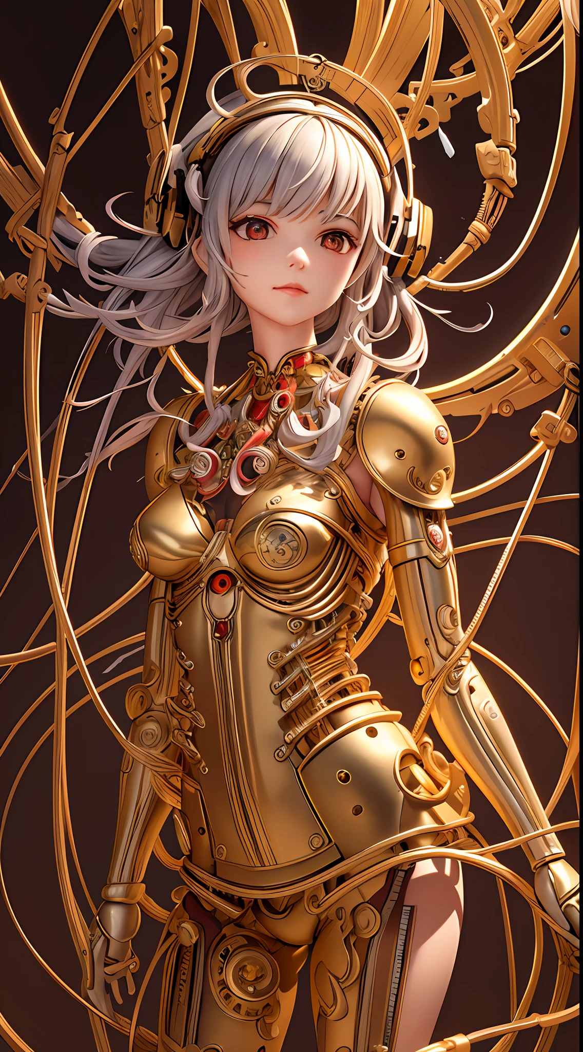 (((masterpiece))), (((best quality))), ((ultra-detailed)), (highly detailed CG illustration), ((an extremely delicate and beautiful)),cinematic light,((1mechanical girl)),solo,(cowboy shot:1.2),(machine made joints:1.2),((machanical limbs)),(blood vessels connected to tubes),(mechanical vertebra attaching to back),((mechanical cervial attaching to neck)),expressionless,(wires and cables attaching to neck:1.2),(wires and cables on head:1.2),(character focus),science fiction,extreme detailed,colorful,highest detailed, loongs,fengs,background,