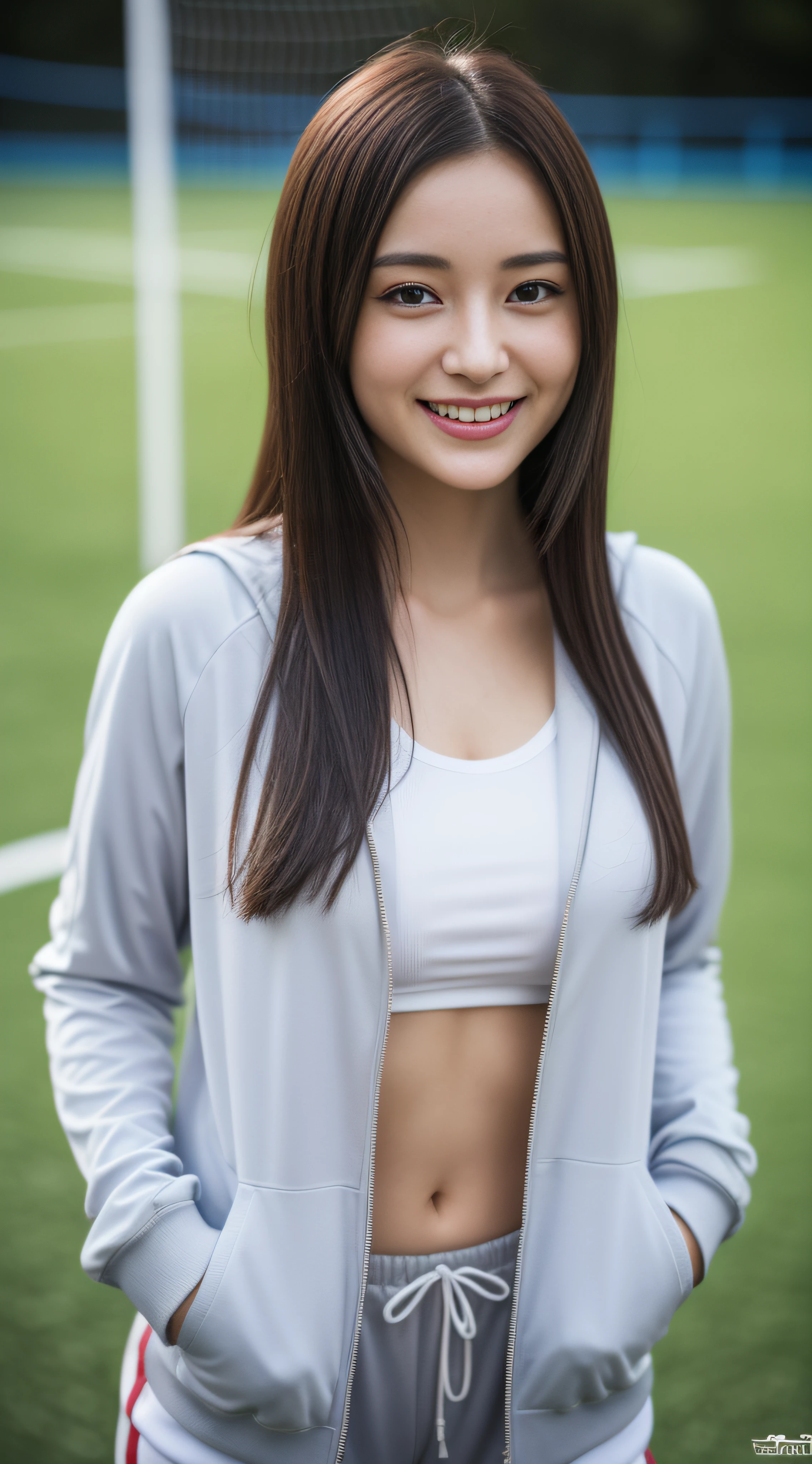 (8K、Raw photography、top-quality、masterpiece:1.2)、(realisitic、realisitic:1.37)、超A high resolution、photon maping、Physically Based Rendering、1girl in、(brunette:1.3)、Twin-tailed、A detailed face、A detailed eye、is standing、Look at viewers、(little smile cute:1.2)、(Happiness)、Healing cute、(Soccer Field:1.2)、(early evening:1.2)、sweat pant、Open Sports Jacket、white t-shirts、Colossal tits