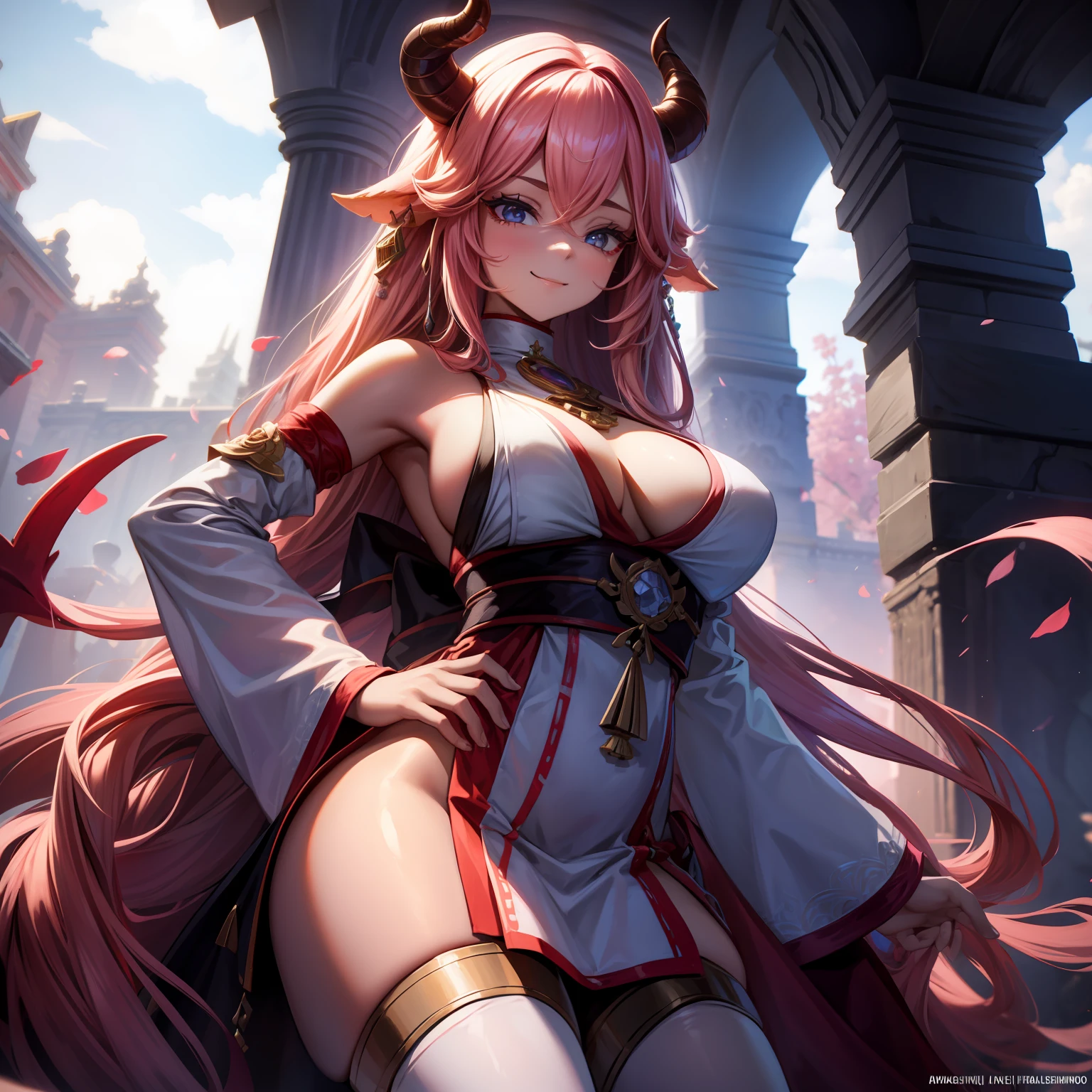 A female milf demon with demonic horns in the same light skin tone, vestido de noiva molhando, (skin tone demon horns)), cabelo de rapunzel cor-de-rosa extremamente longo, ((Cabelo de rapunzel cor-de-rosa)), corpo volumoso com seios e busto enormes, ((seio e busto enormes)), olhar perverso e vazio sem brilho nos olhos olhando para o espectador com um sorriso perverso e malicioso, proeminentemente em suas pernas e seios;, destaque nos seios e nas pernas, Pose sexy, Pose sexualizada ;, Moda realista, sysie high definition details, fotografia, perspicacity, unique 850 4, Koda850 k portrait camera, Primavera F1.6, cores ricas, Textura super realista, textura de luz espetacular, arte surreal, Cinestil 800 mecanismo de moda.
