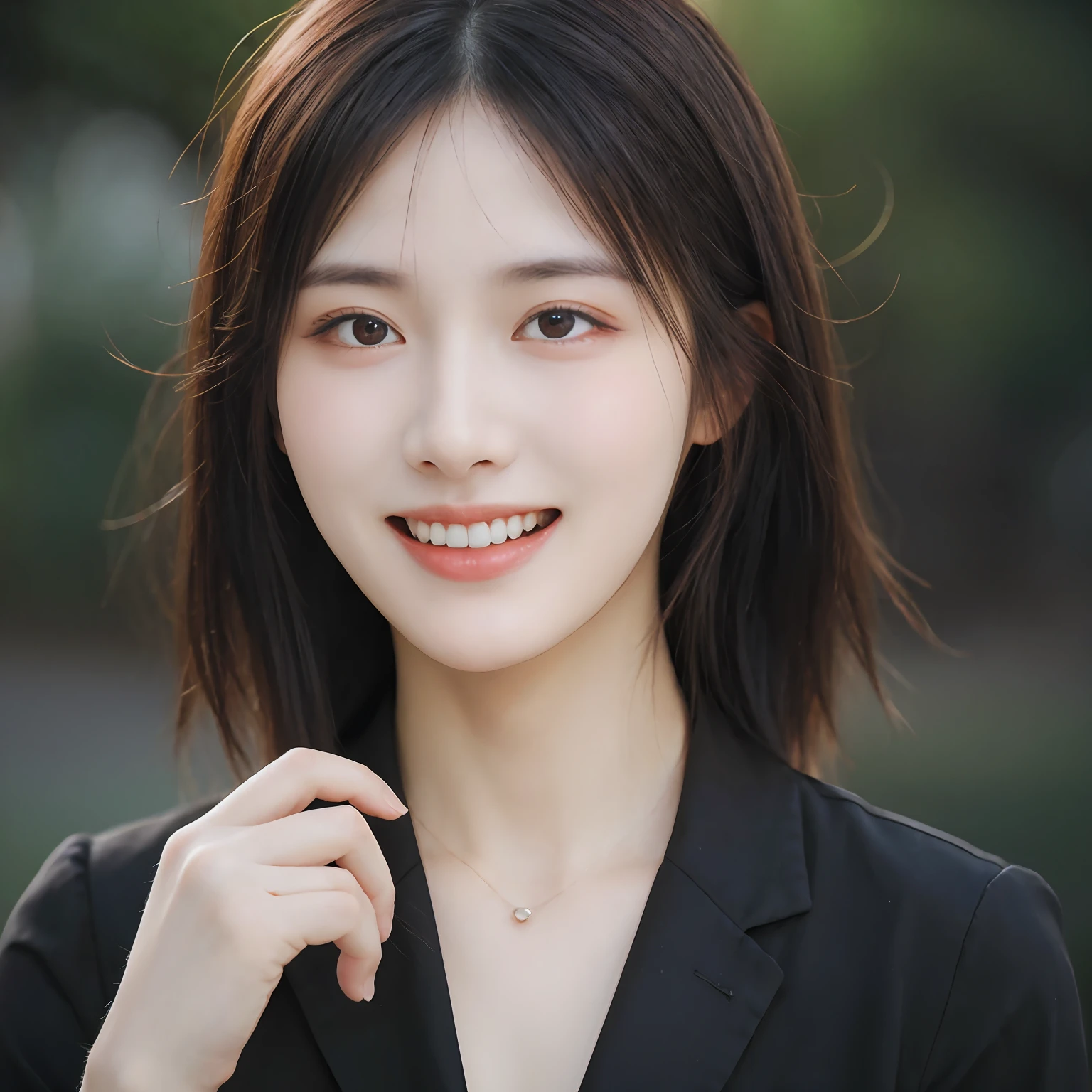 Dressed, (photographrealistic:1.4), (Hyper realistic:1.4), (Realistic:1.3), (Smoother lighting:1.05), (increase cinematic lighting quality:0.9), 32K, 1girl in,25-years old, Realistic lighting, Backlighting, Light on Face, raytrace, (Brightening light:1.2), (Increase quality:1.4), (Top quality real texture skins:1.4), finely detailed eyes, finerly detailed face, (tired and sleepy and joy:0), (Laugh:1.4), Black Suit,a necklace, (Increase body line mood:1.1), (Increase the beauty of skin texture:1.1)