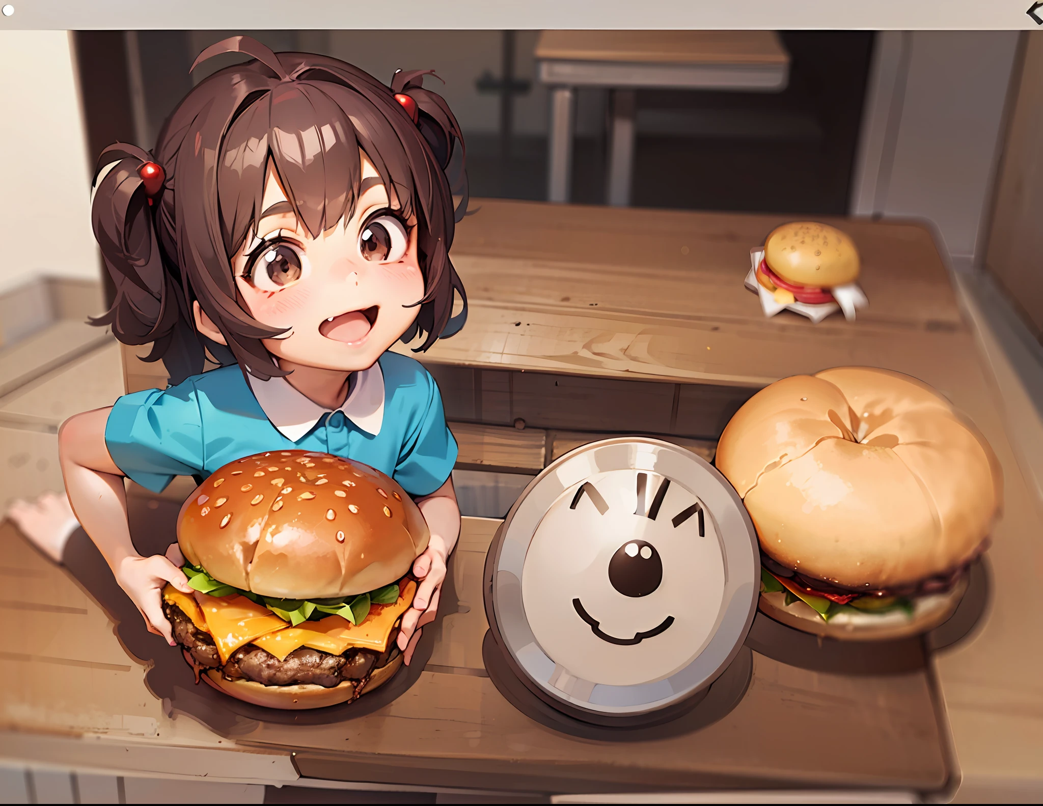 Anime girl holding hamburger, eating burgers, Serving burgers, anime food, Kawasi, anime moe art style, eating burgers, eat hamburger, hamburgers, Kantai collection style, Realistic anime 3 D style, Kawaii realistic portrait, hamburger, devours a hamburger, Guweiz in Pixiv ArtStation, High Quality Anime Art Style